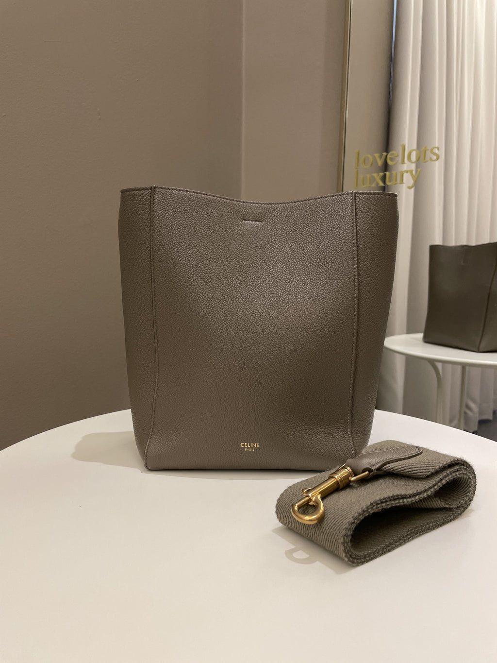 Celine Sangle Bucket Bag Taupe Grainy Calfskin