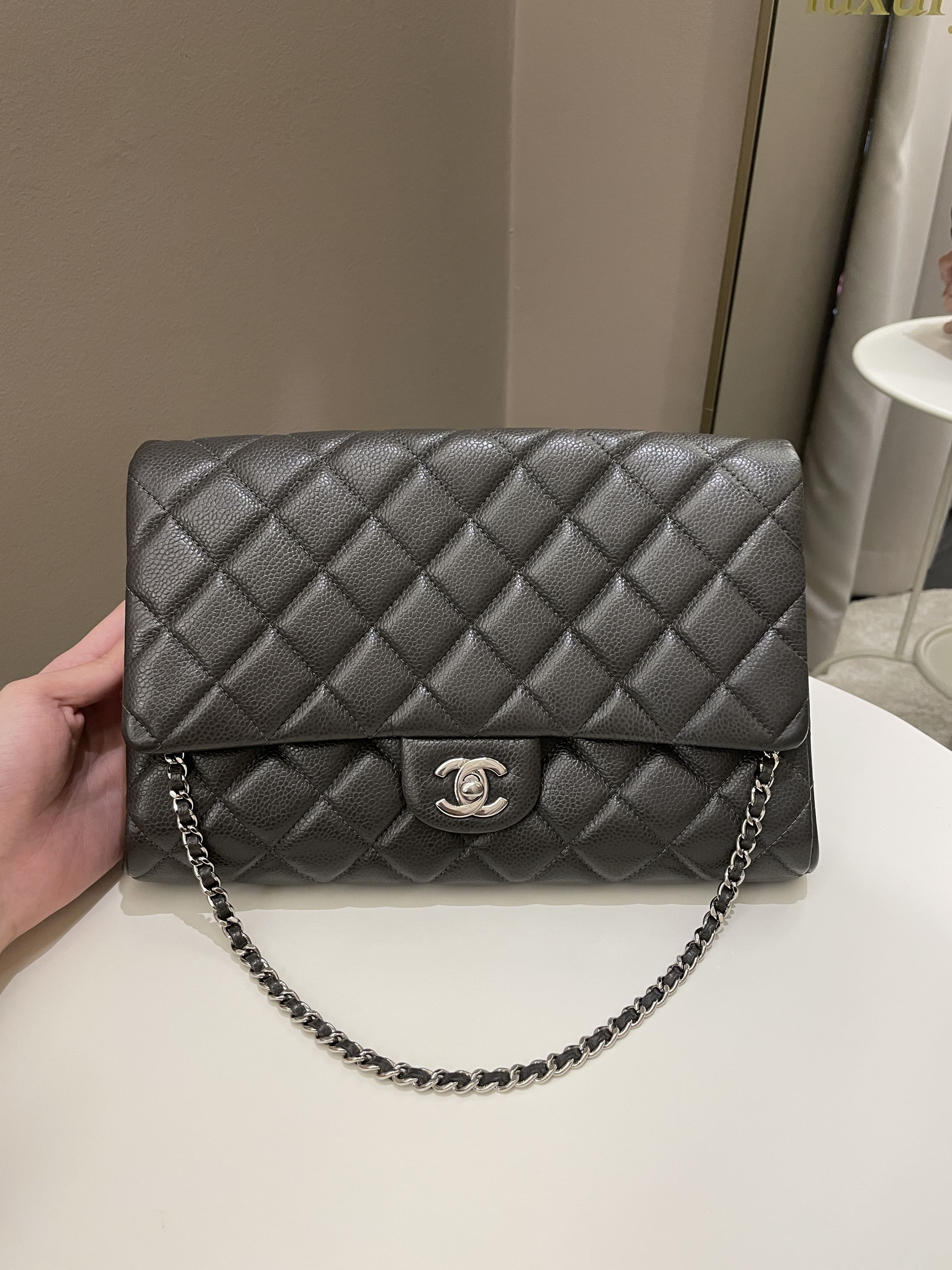 Chanel Quilted Timeless Flap Clutch Bag Grey Caviar