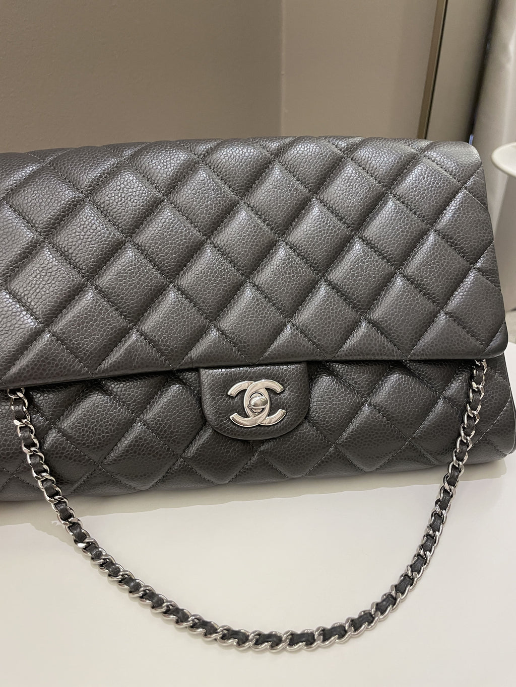 Chanel Quilted Timeless Flap Clutch Bag Grey Caviar