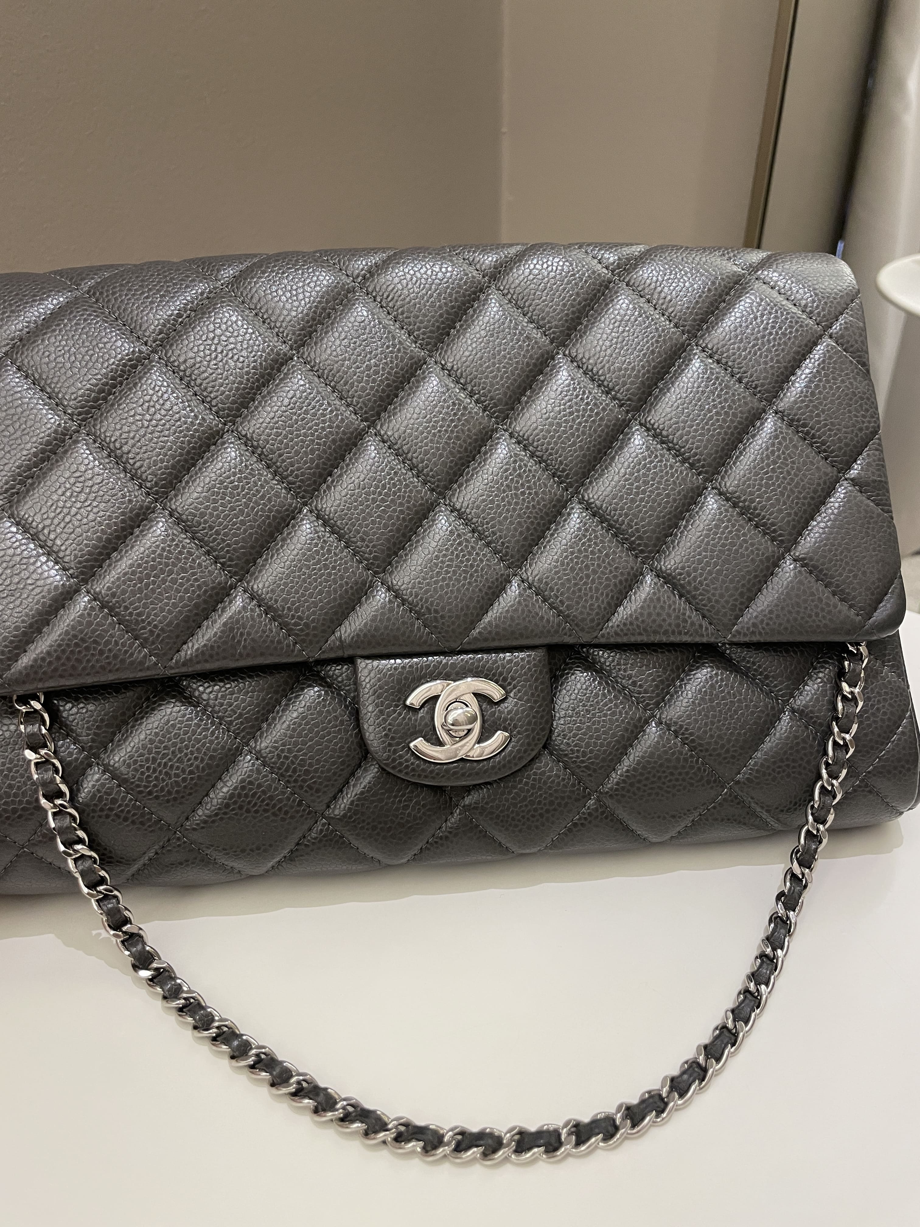 Chanel Quilted Timeless Flap Clutch Bag Grey Caviar