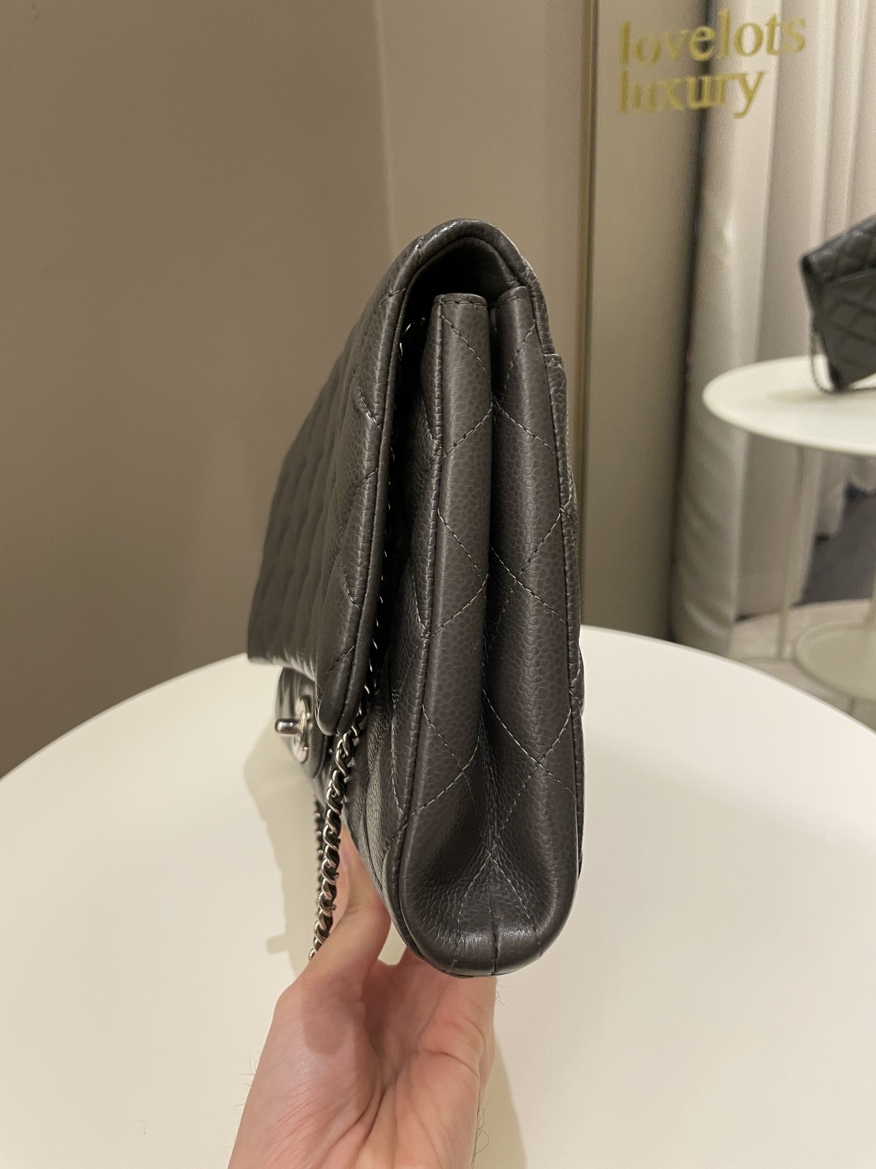 Chanel Quilted Timeless Flap Clutch Bag Grey Caviar