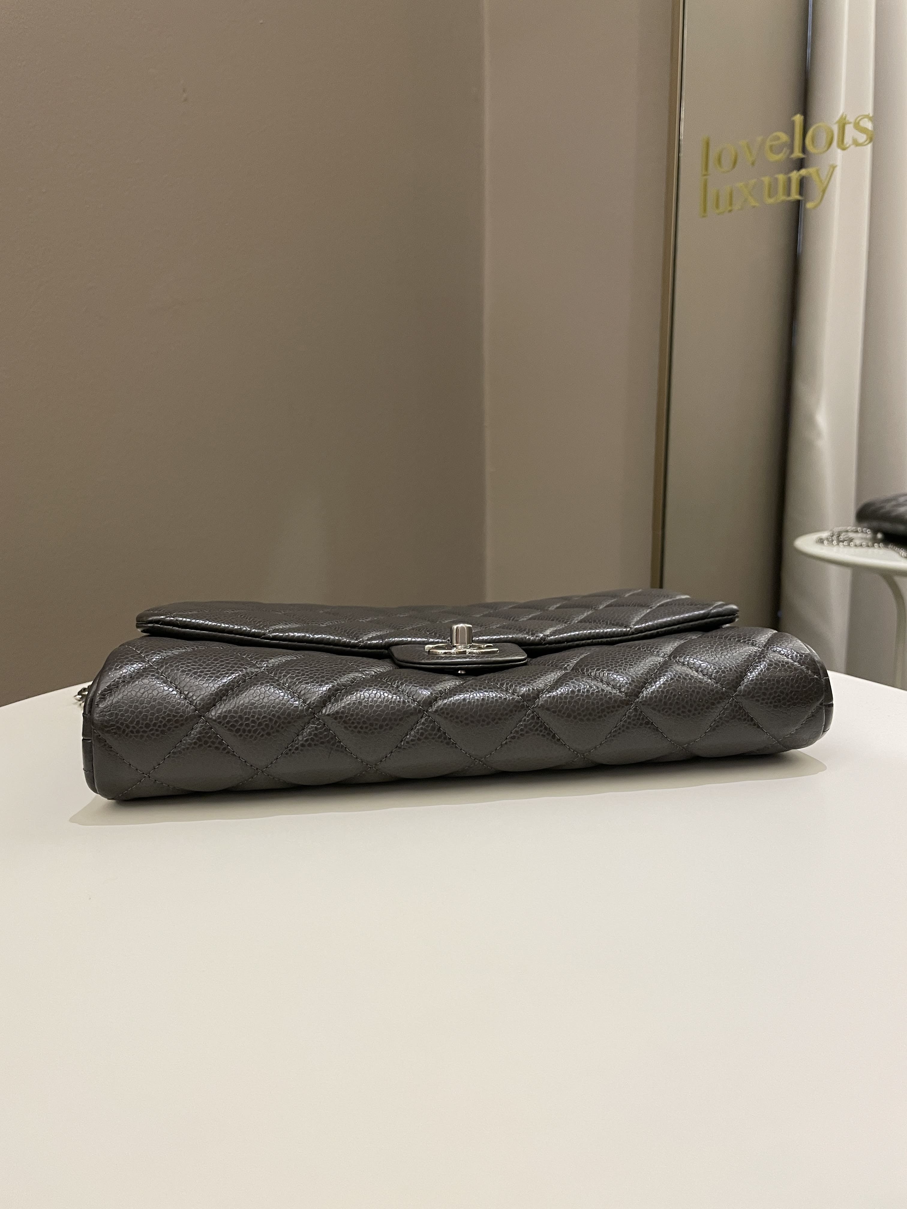 Chanel Quilted Timeless Flap Clutch Bag Grey Caviar