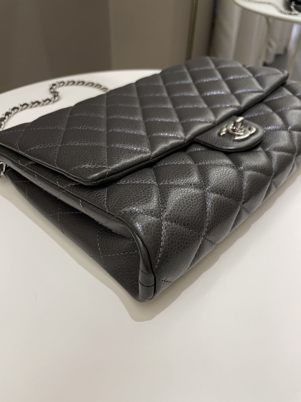 Chanel Quilted Timeless Flap Clutch Bag Grey Caviar