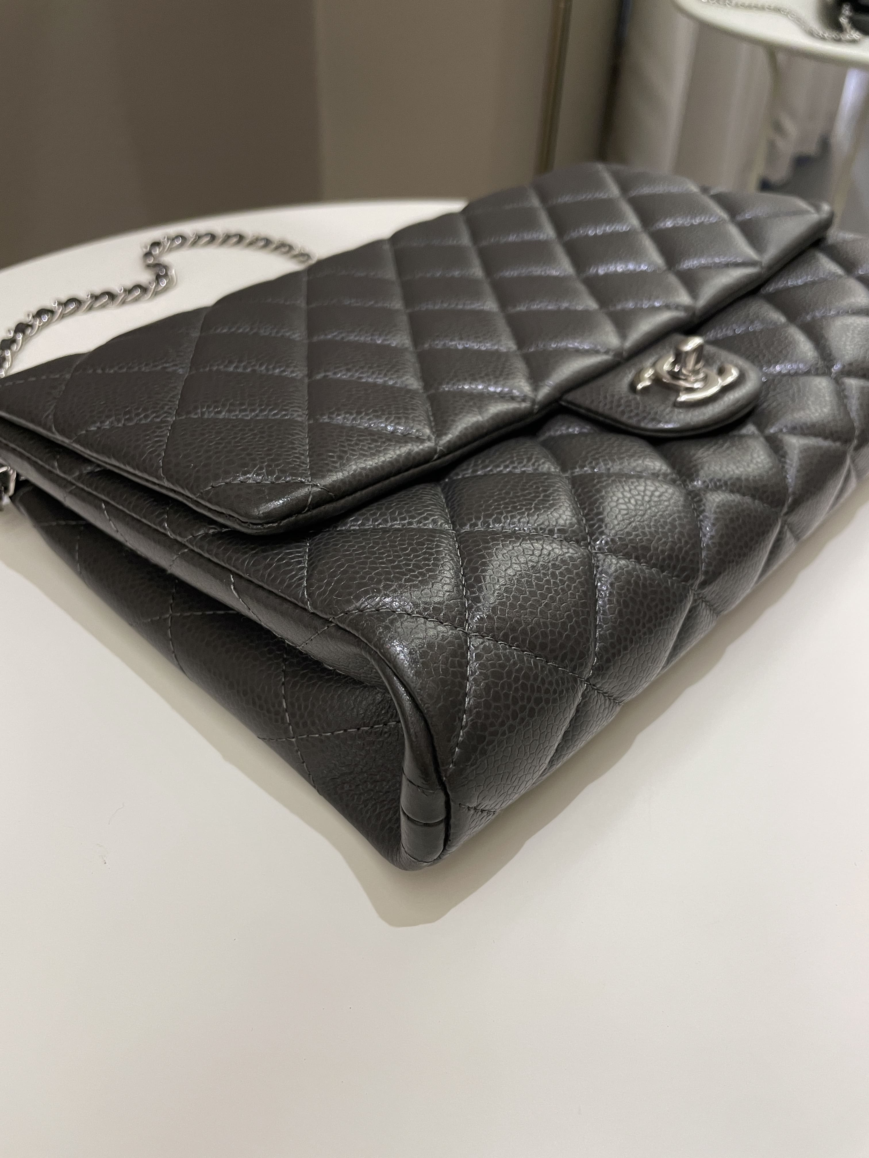 Chanel Quilted Timeless Flap Clutch Bag Grey Caviar
