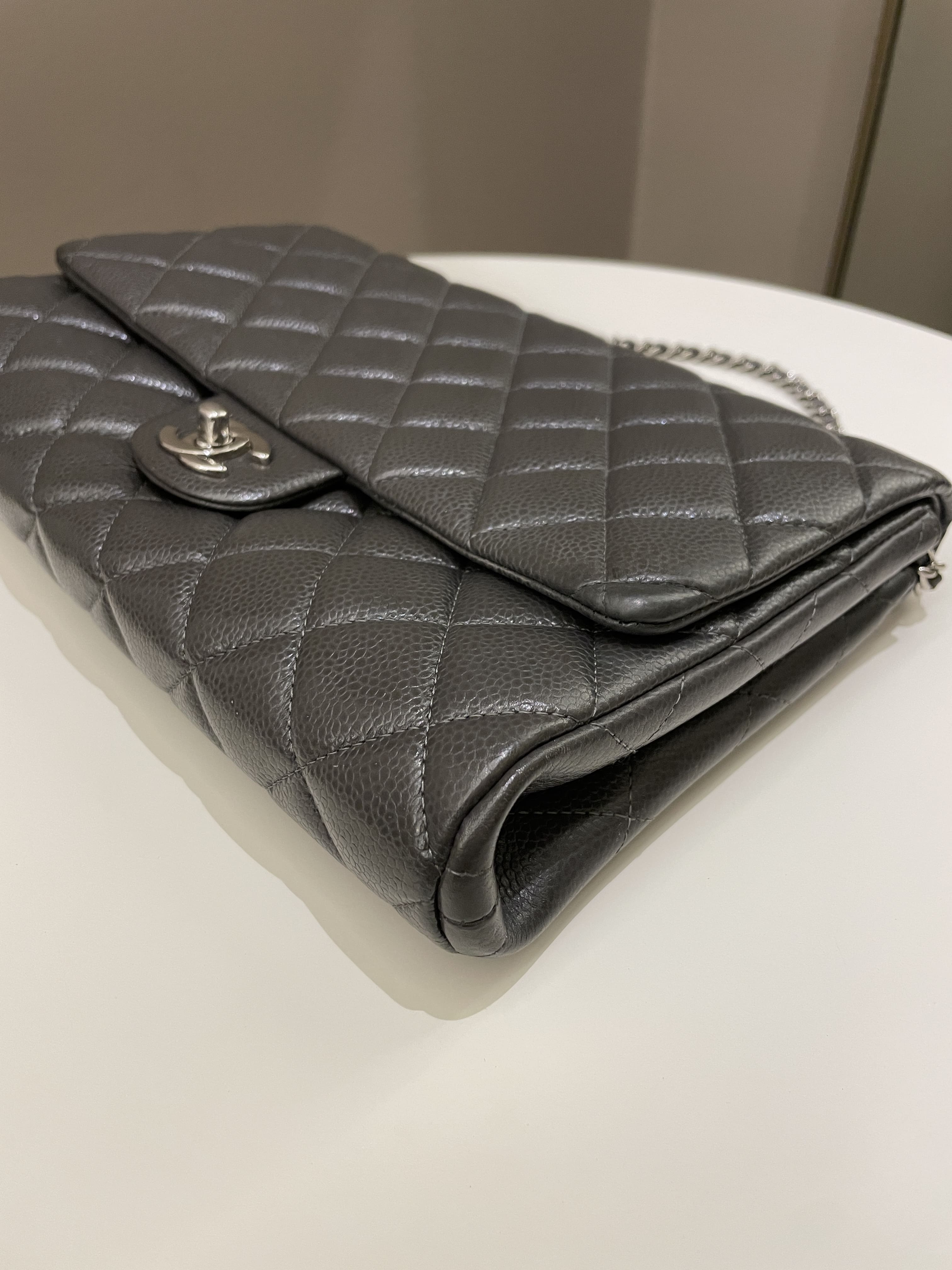 Chanel Quilted Timeless Flap Clutch Bag Grey Caviar