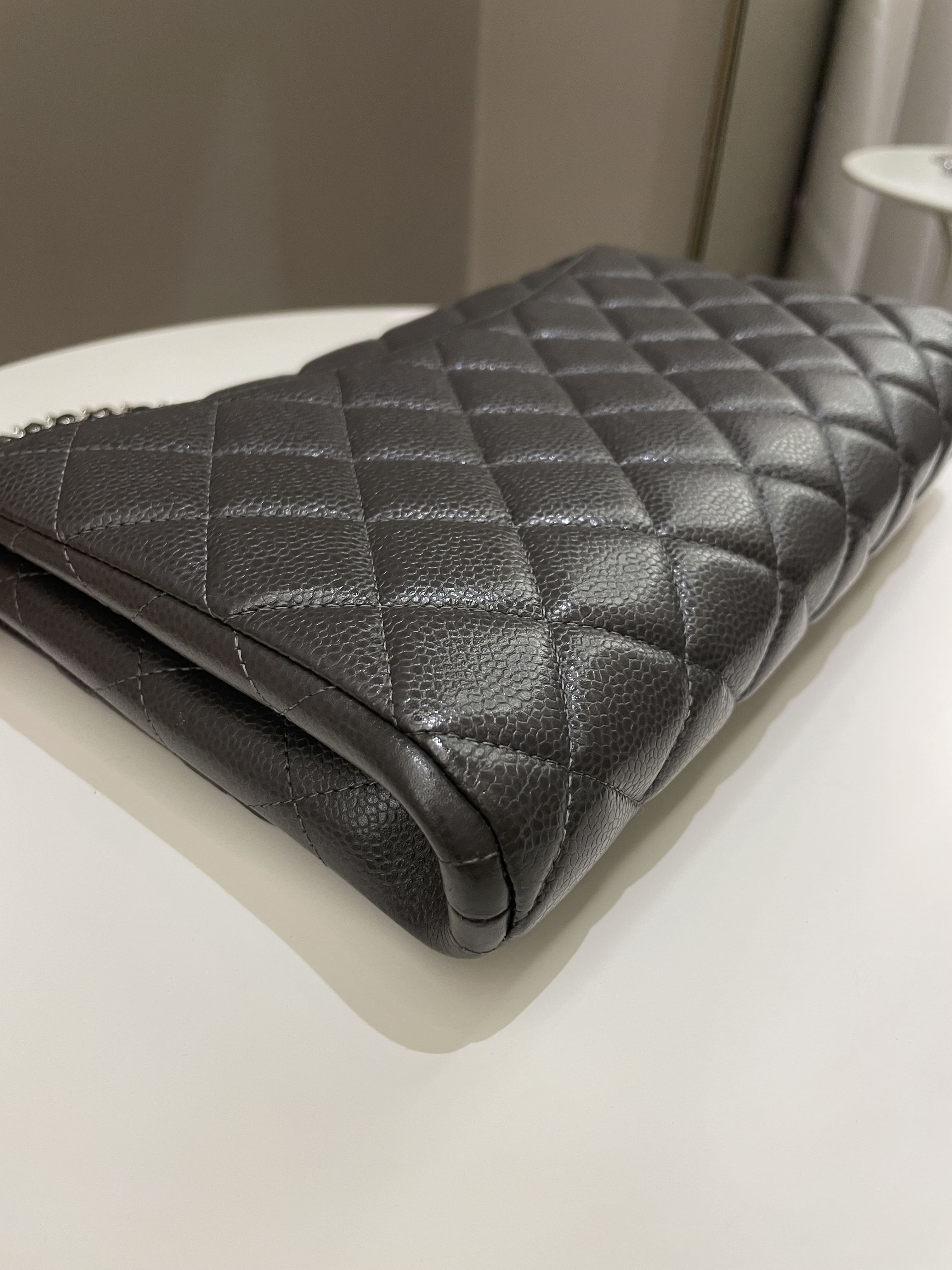 Chanel Quilted Timeless Flap Clutch Bag Grey Caviar