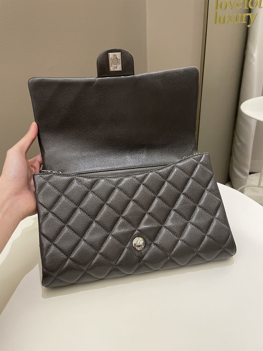 Chanel Quilted Timeless Flap Clutch Bag Grey Caviar