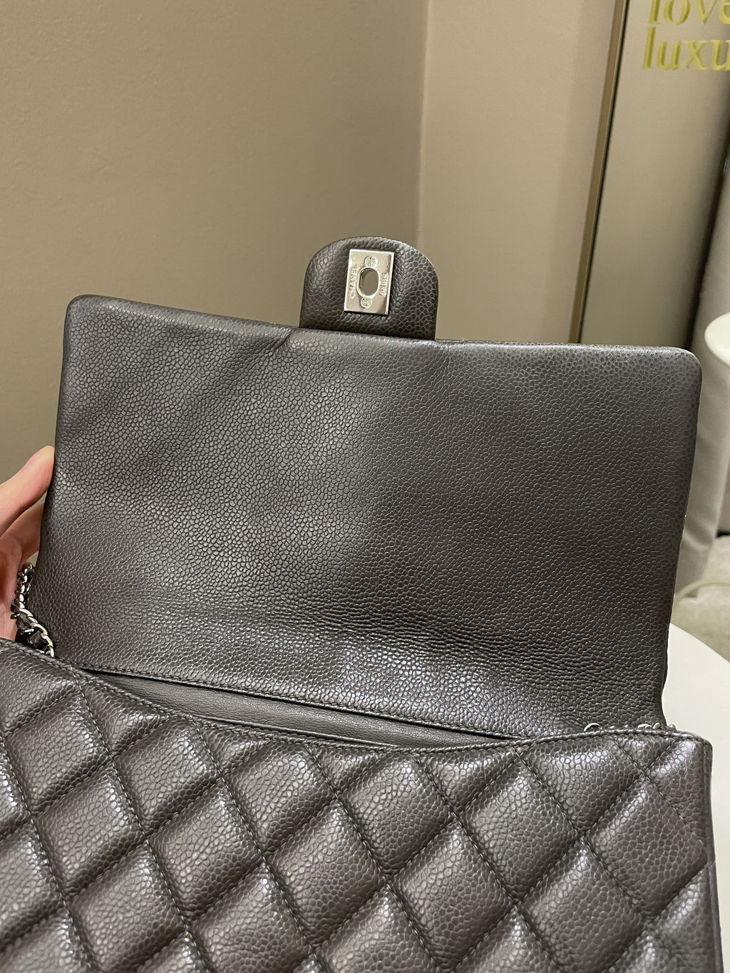 Chanel Quilted Timeless Flap Clutch Bag Grey Caviar