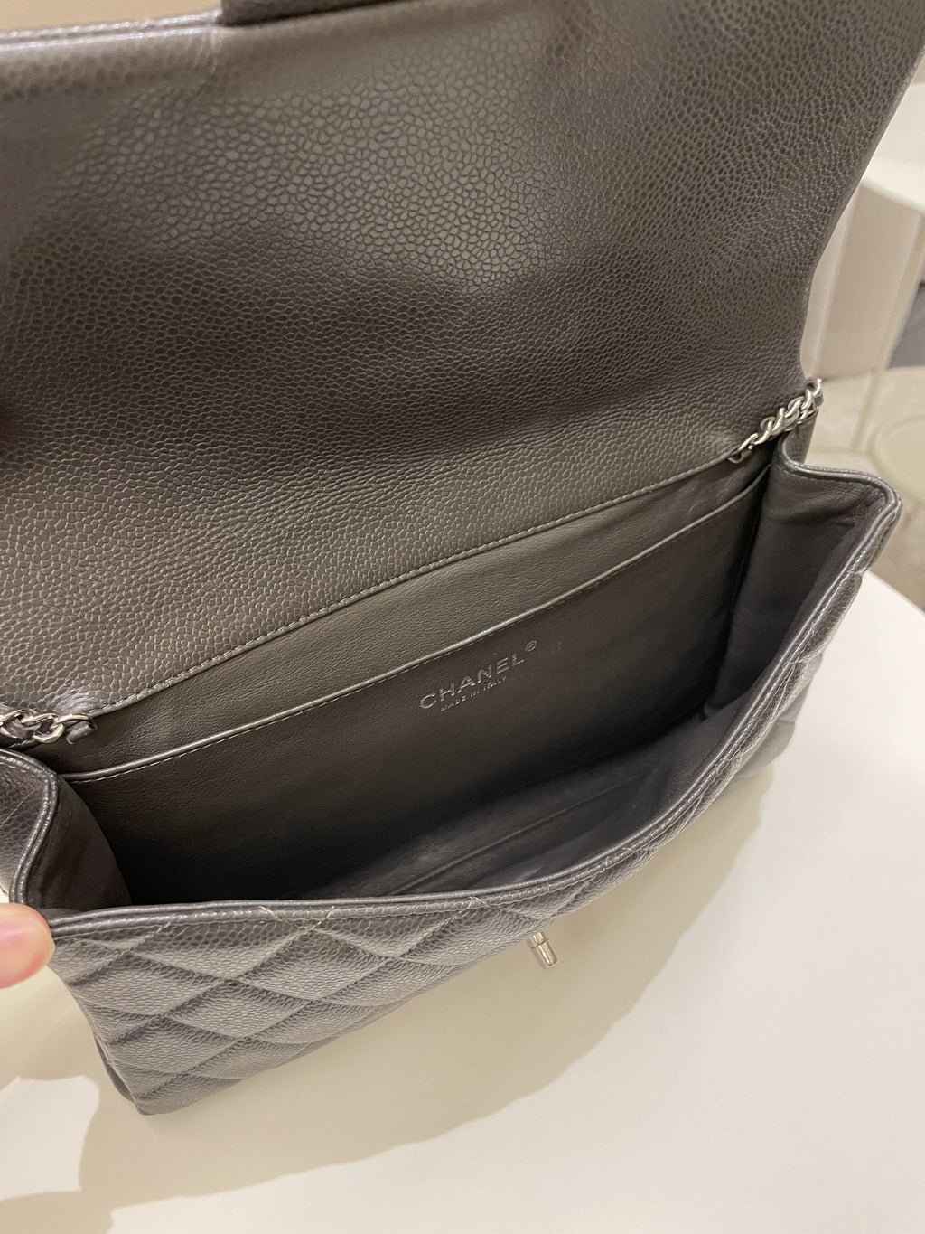 Chanel Quilted Timeless Flap Clutch Bag Grey Caviar