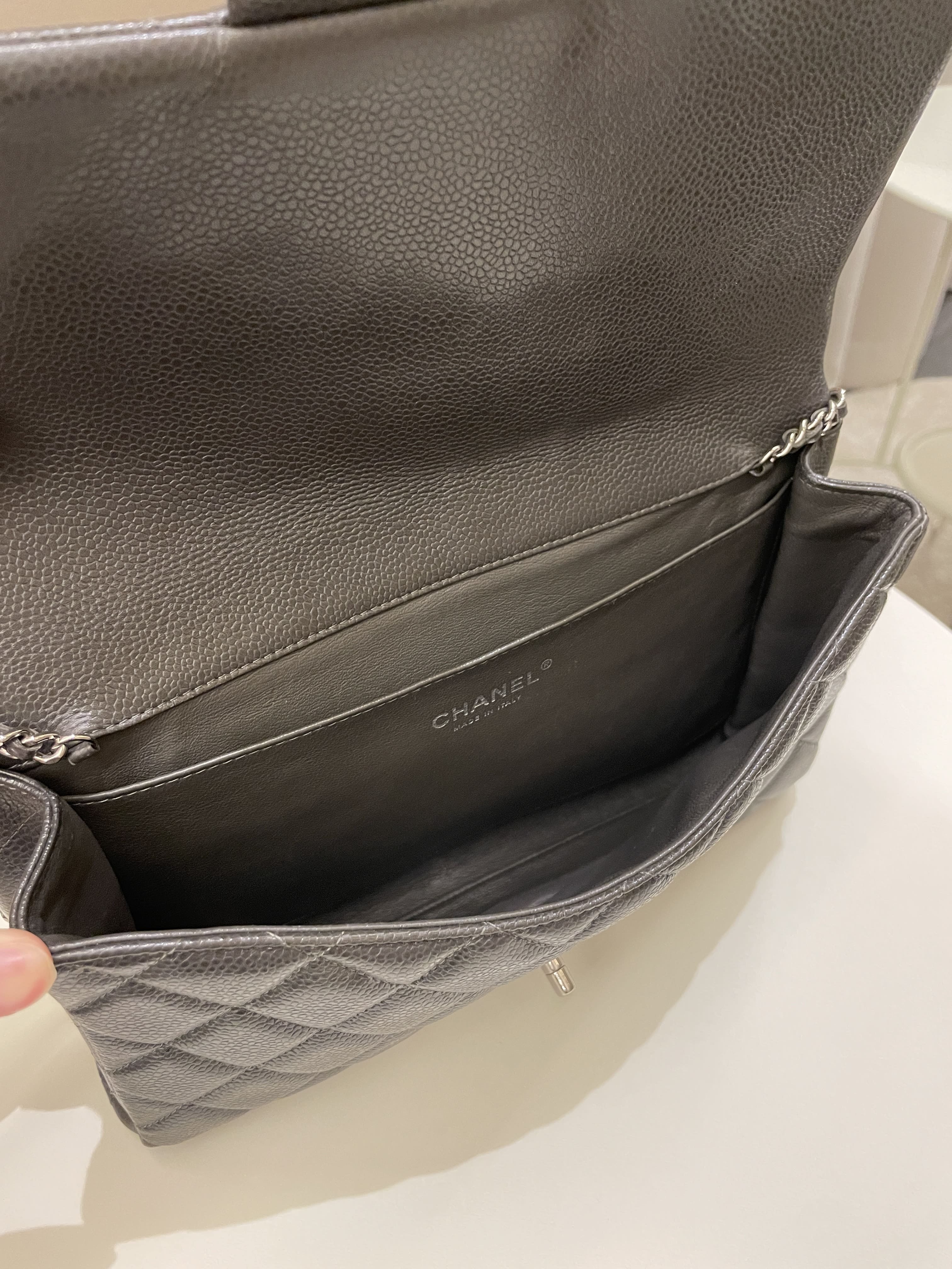 Chanel Quilted Timeless Flap Clutch Bag Grey Caviar