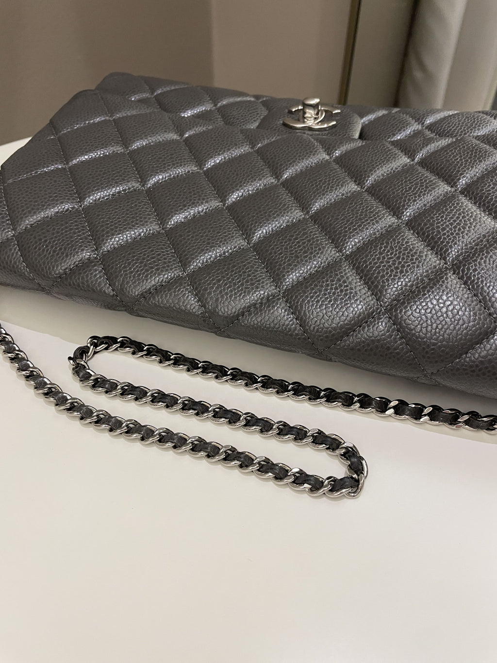 Chanel Quilted Timeless Flap Clutch Bag Grey Caviar