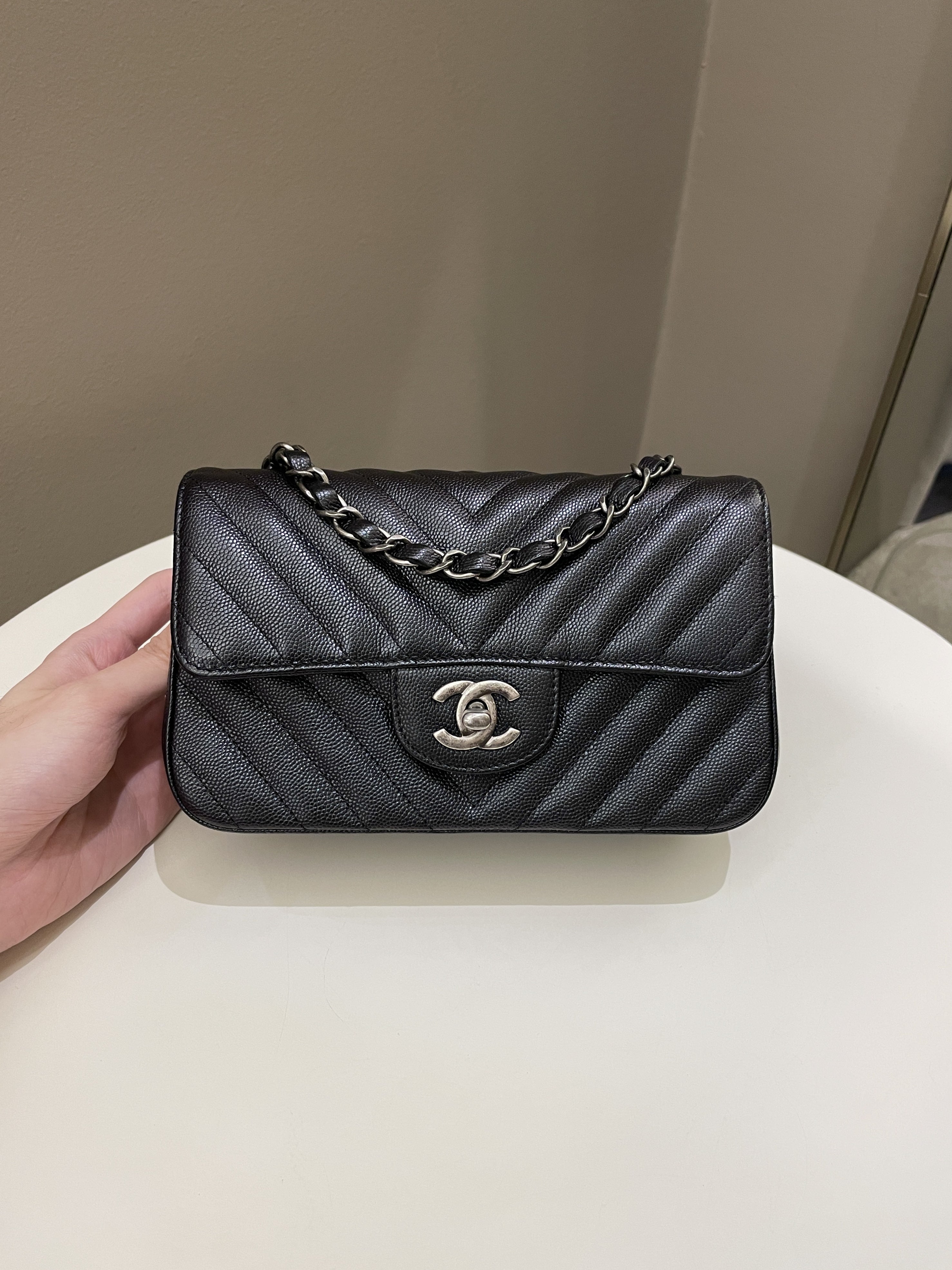Chanel 17B Classic Chevron Mini Rectangular Black Iridescent Caviar