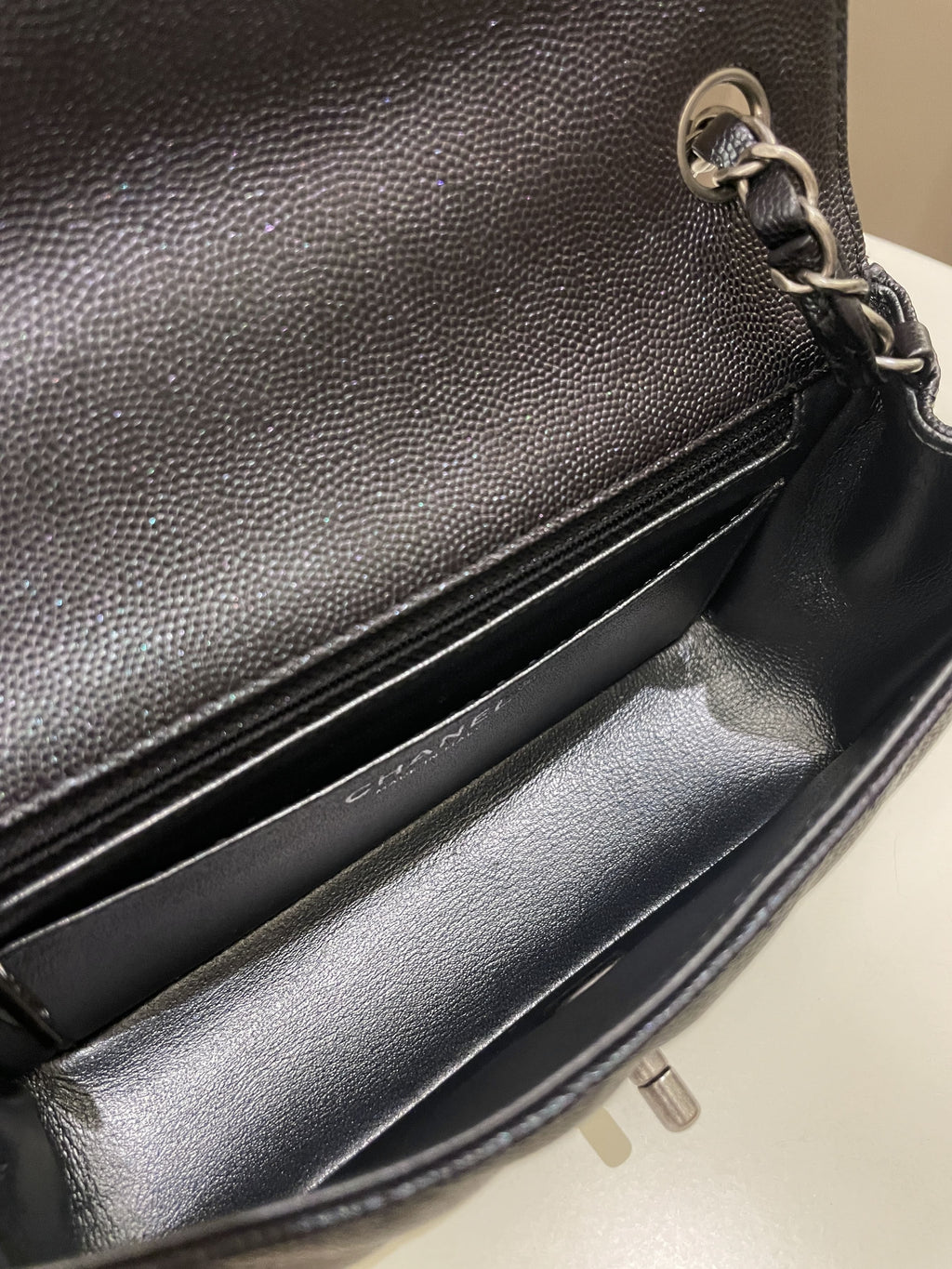 Chanel 17B Classic Chevron Mini Rectangular Black Iridescent Caviar
