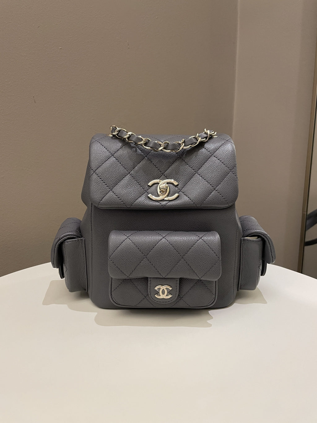 Chanel Quilted Duma Backpack Grey Grained Calfskin