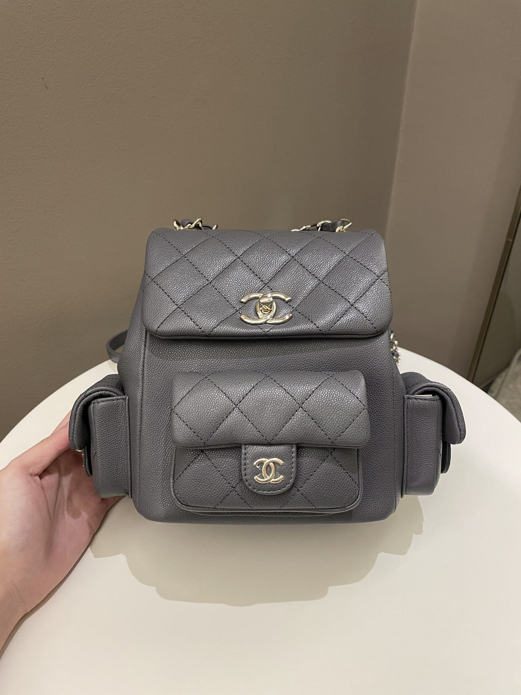 Chanel Quilted Duma Backpack Grey Grained Calfskin