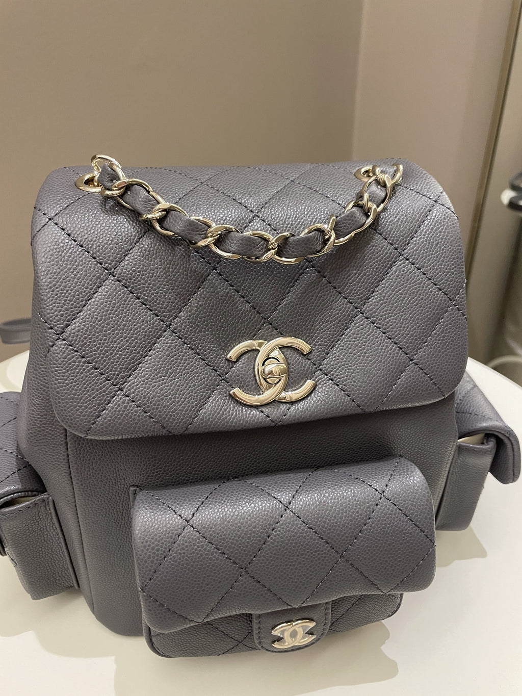 Chanel Quilted Duma Backpack Grey Grained Calfskin