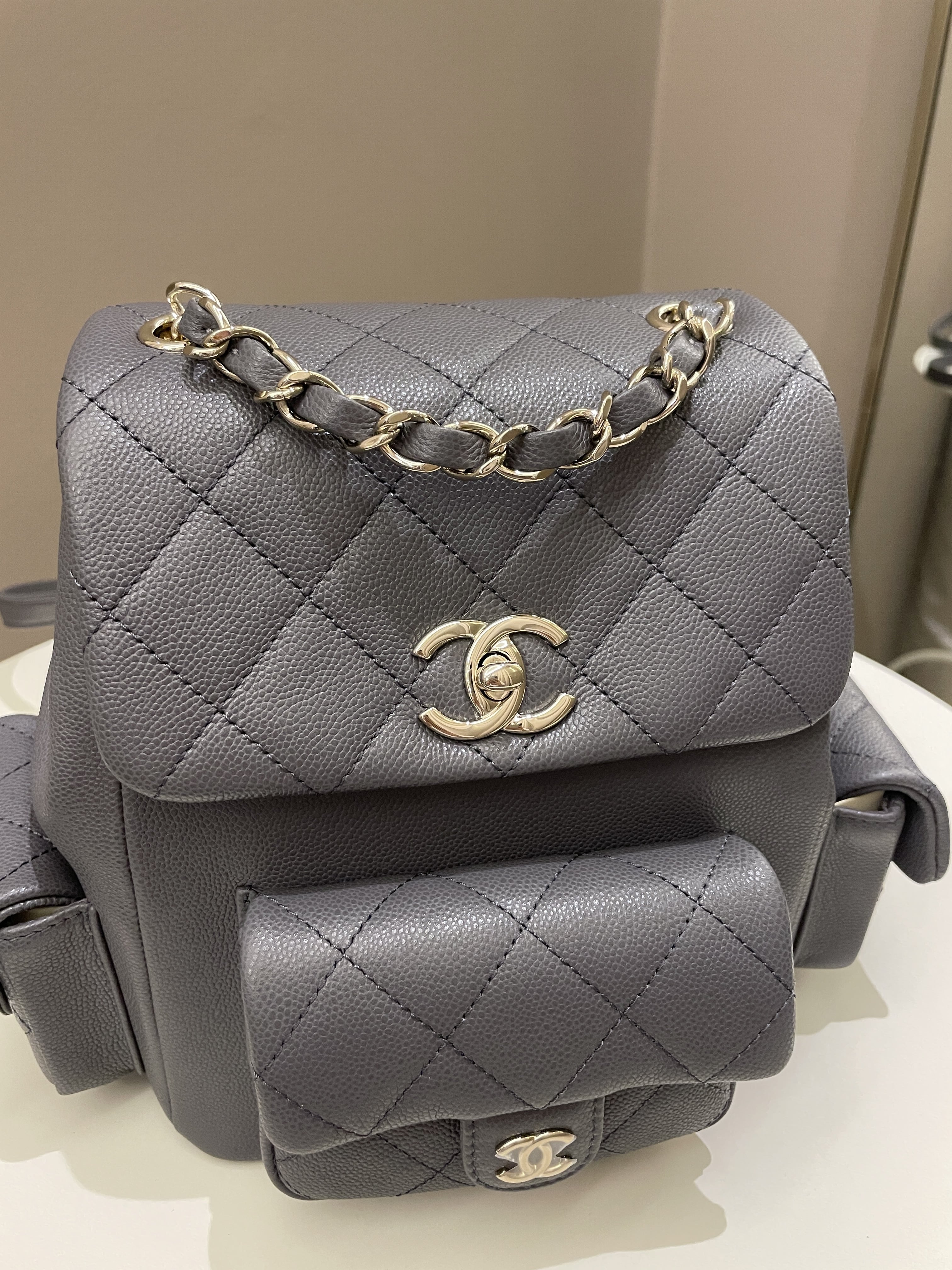 Chanel Quilted Duma Backpack Grey Grained Calfskin