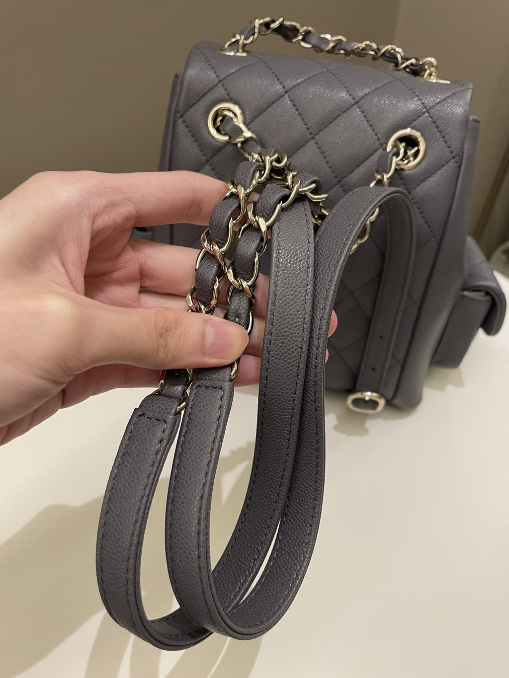 Chanel Quilted Duma Backpack Grey Grained Calfskin