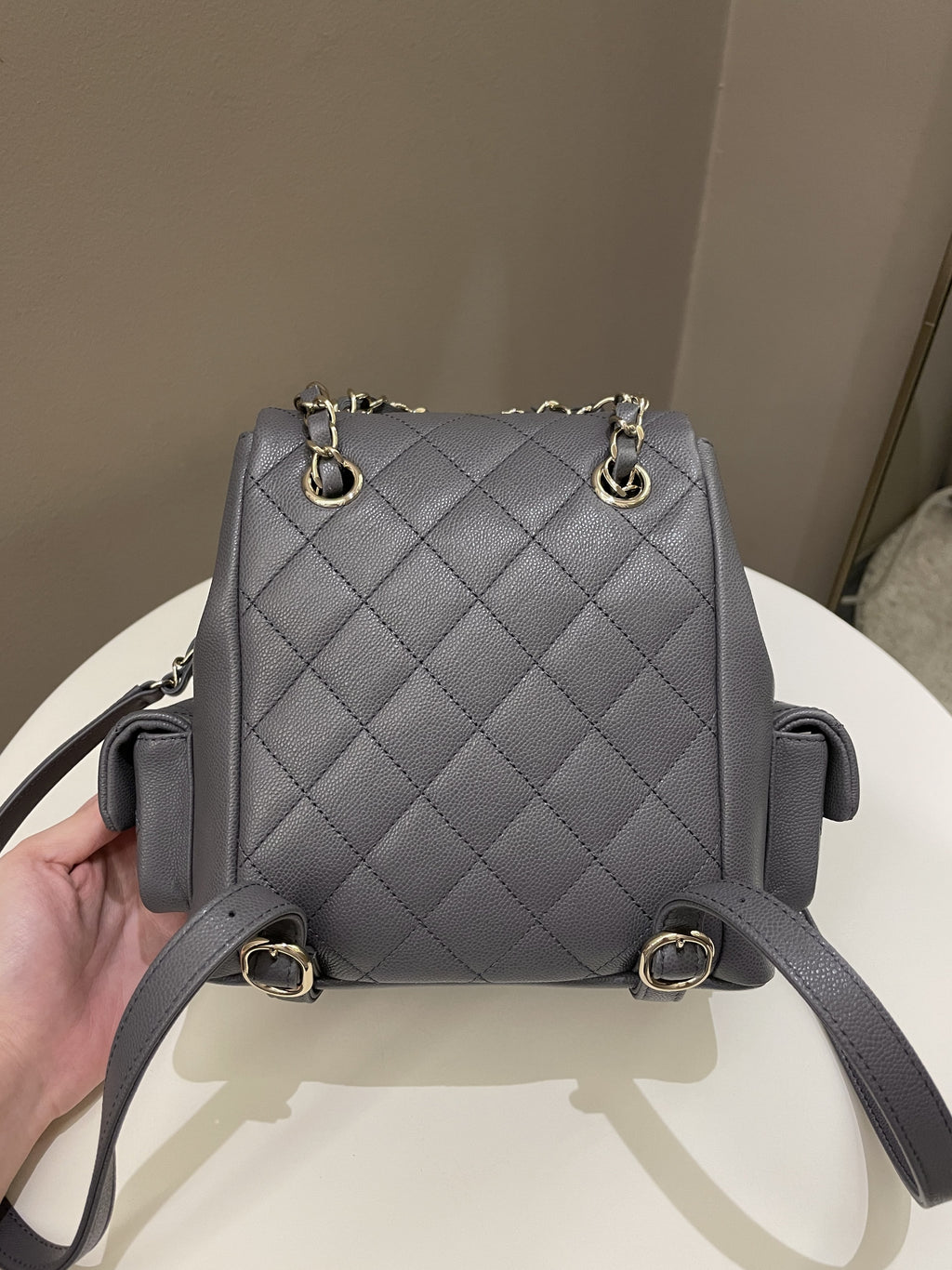 Chanel Quilted Duma Backpack Grey Grained Calfskin