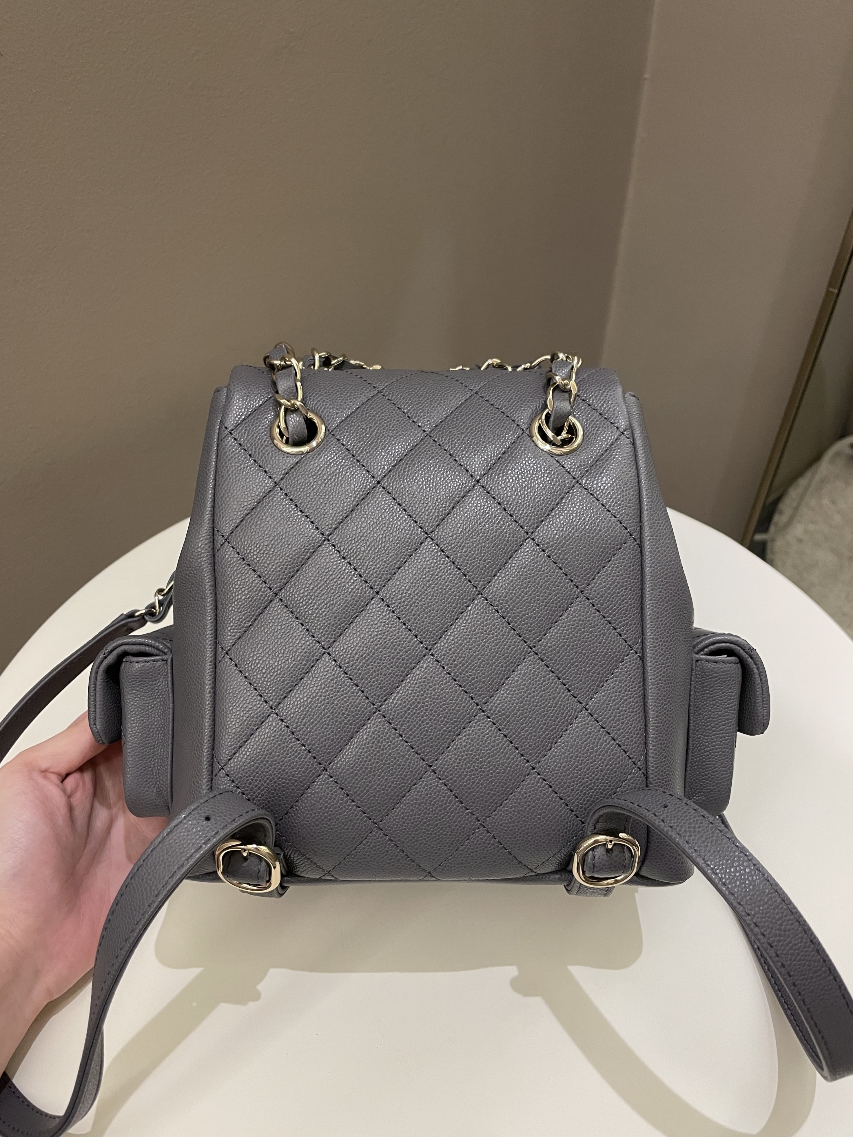 Chanel Quilted Duma Backpack Grey Grained Calfskin