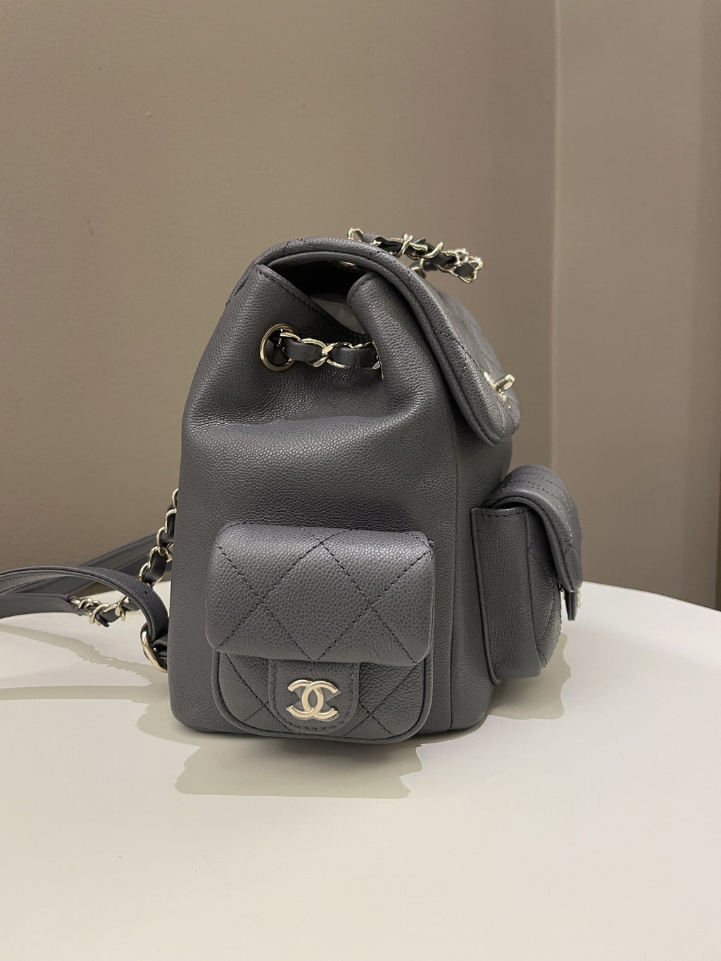 Chanel Quilted Duma Backpack Grey Grained Calfskin