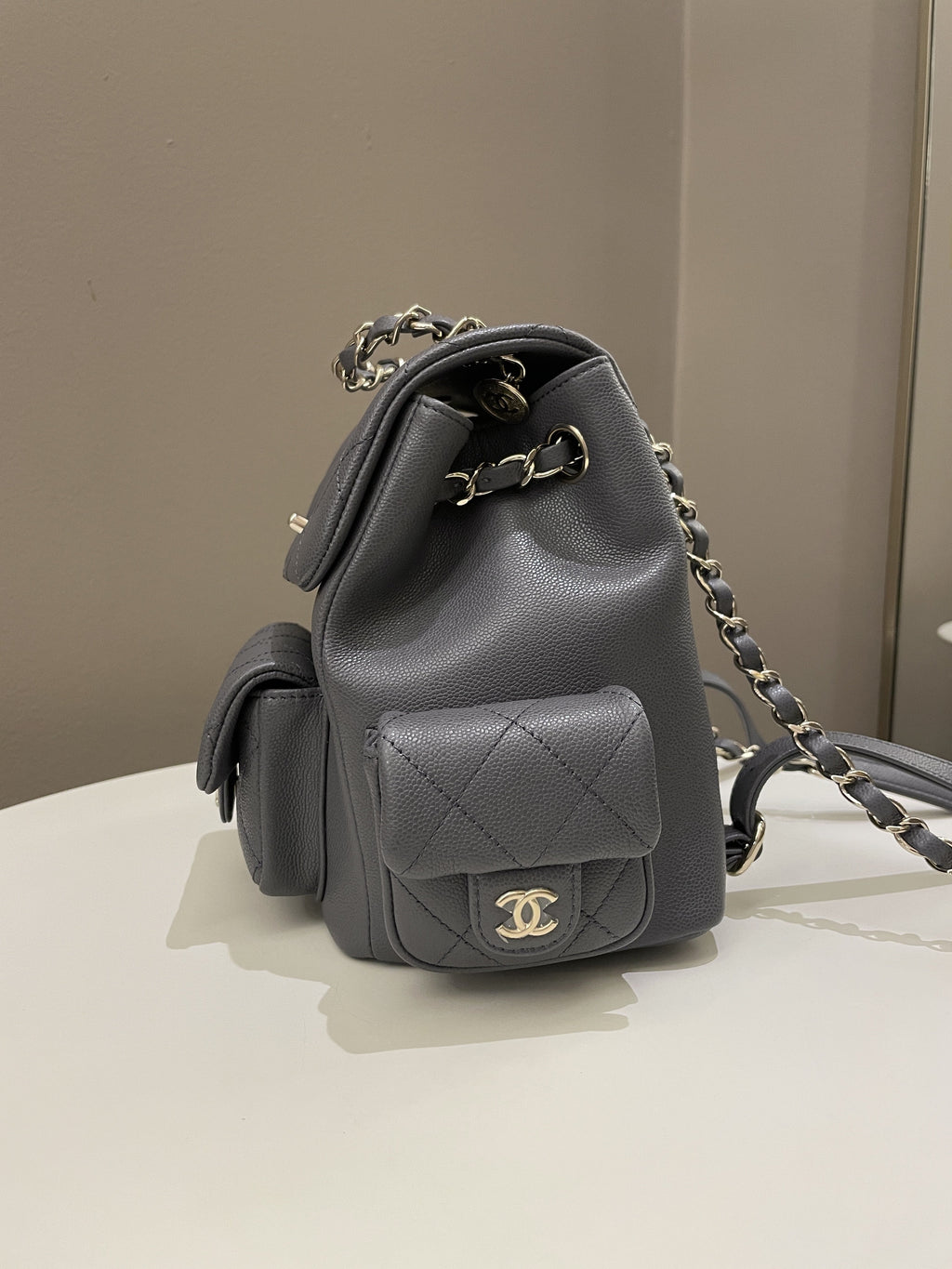 Chanel Quilted Duma Backpack Grey Grained Calfskin