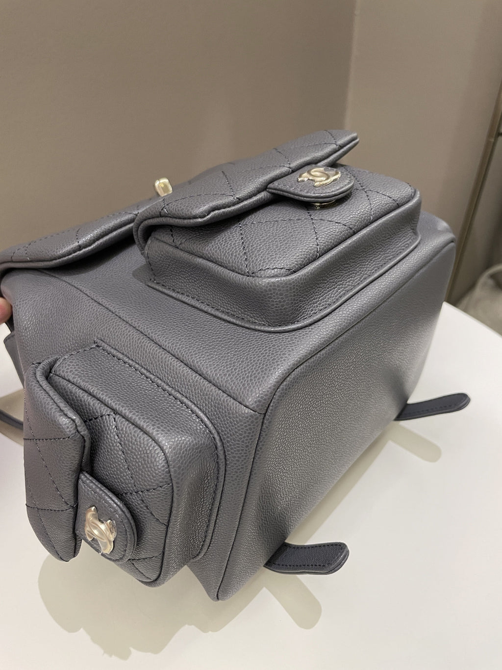 Chanel Quilted Duma Backpack Grey Grained Calfskin