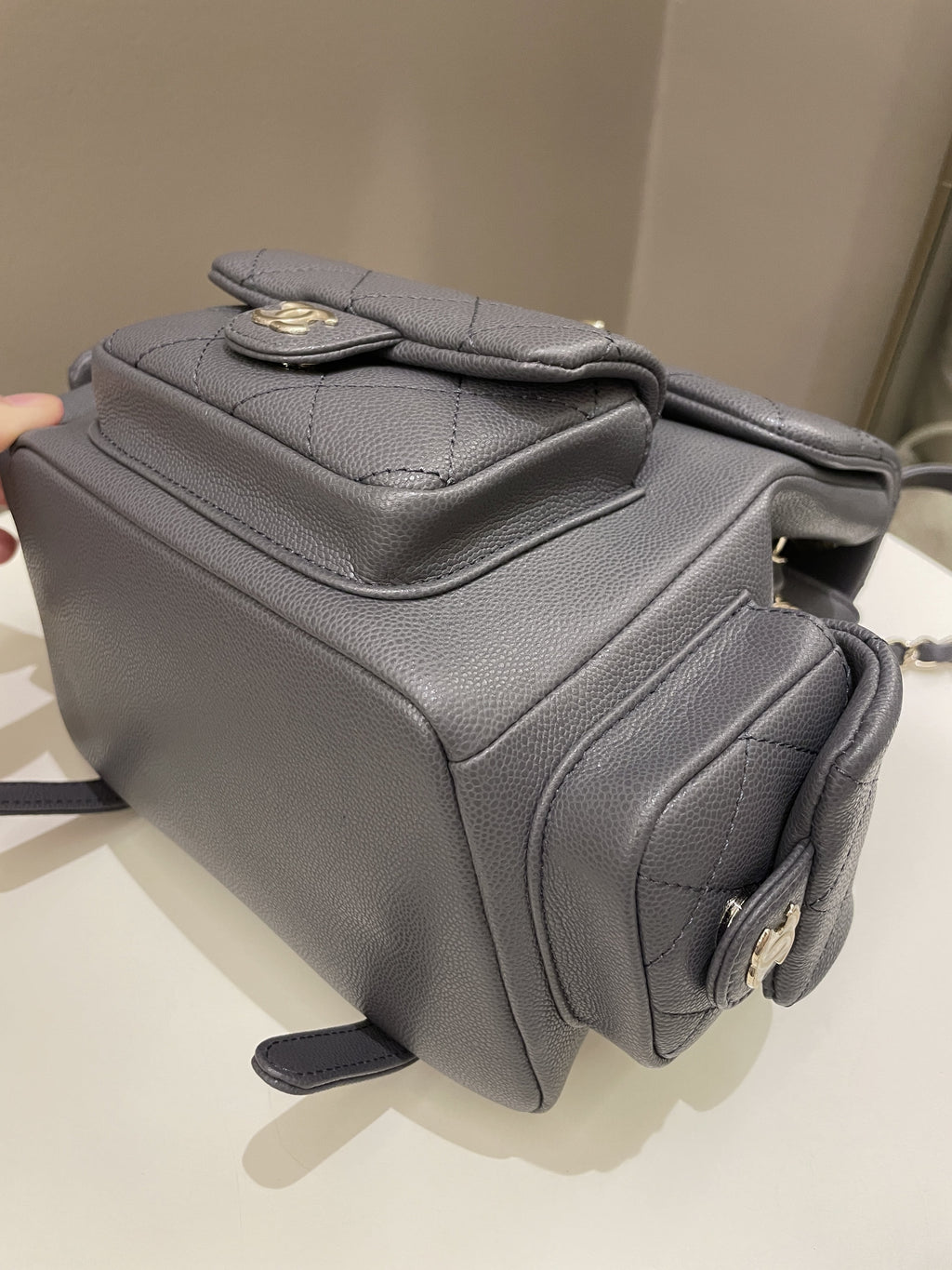 Chanel Quilted Duma Backpack Grey Grained Calfskin