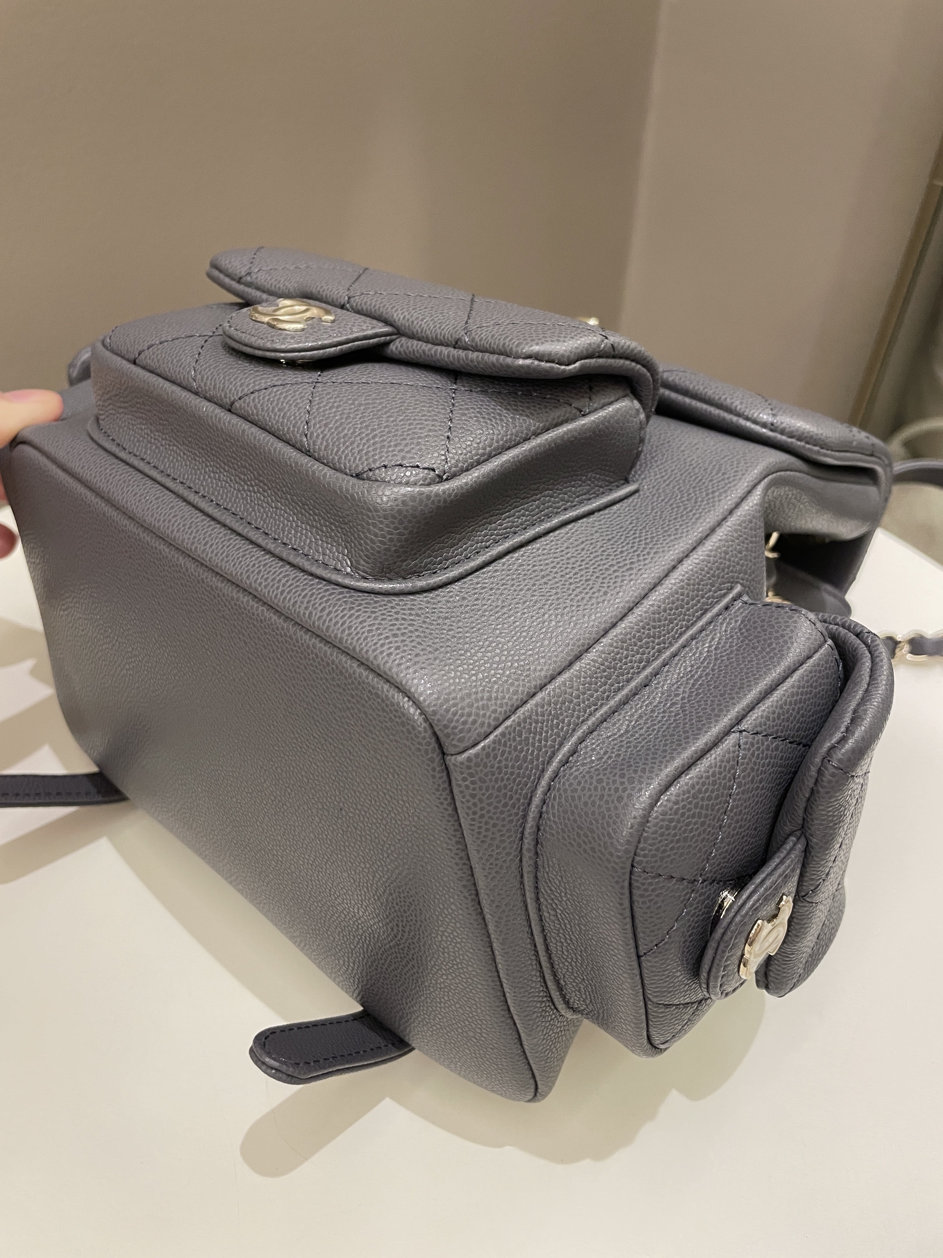 Chanel Quilted Duma Backpack Grey Grained Calfskin