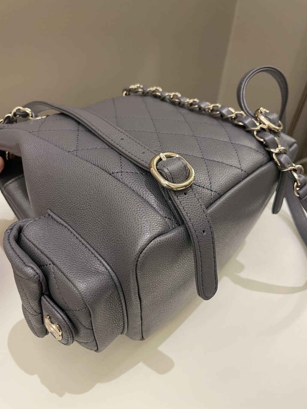 Chanel Quilted Duma Backpack Grey Grained Calfskin