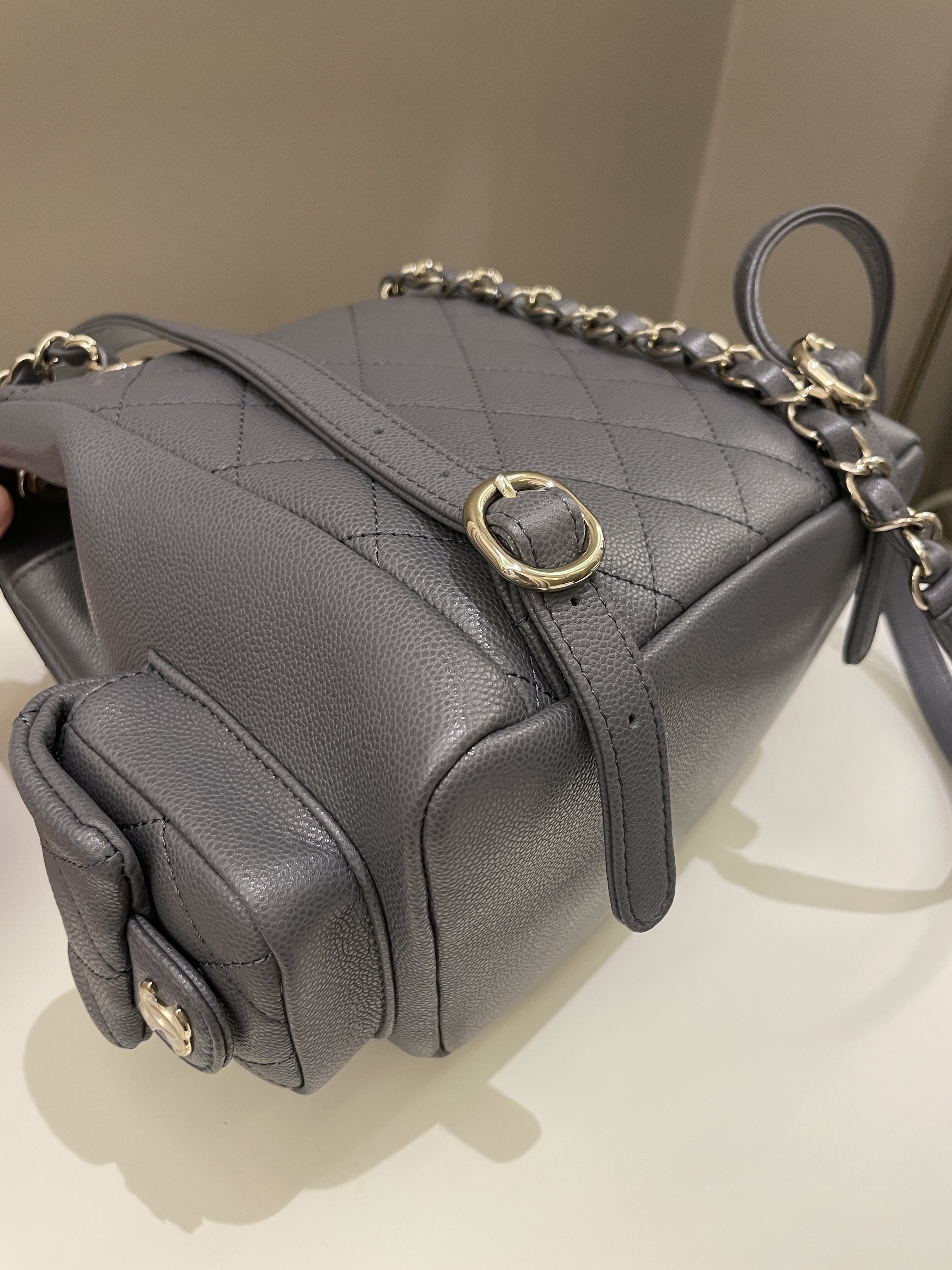 Chanel Quilted Duma Backpack Grey Grained Calfskin