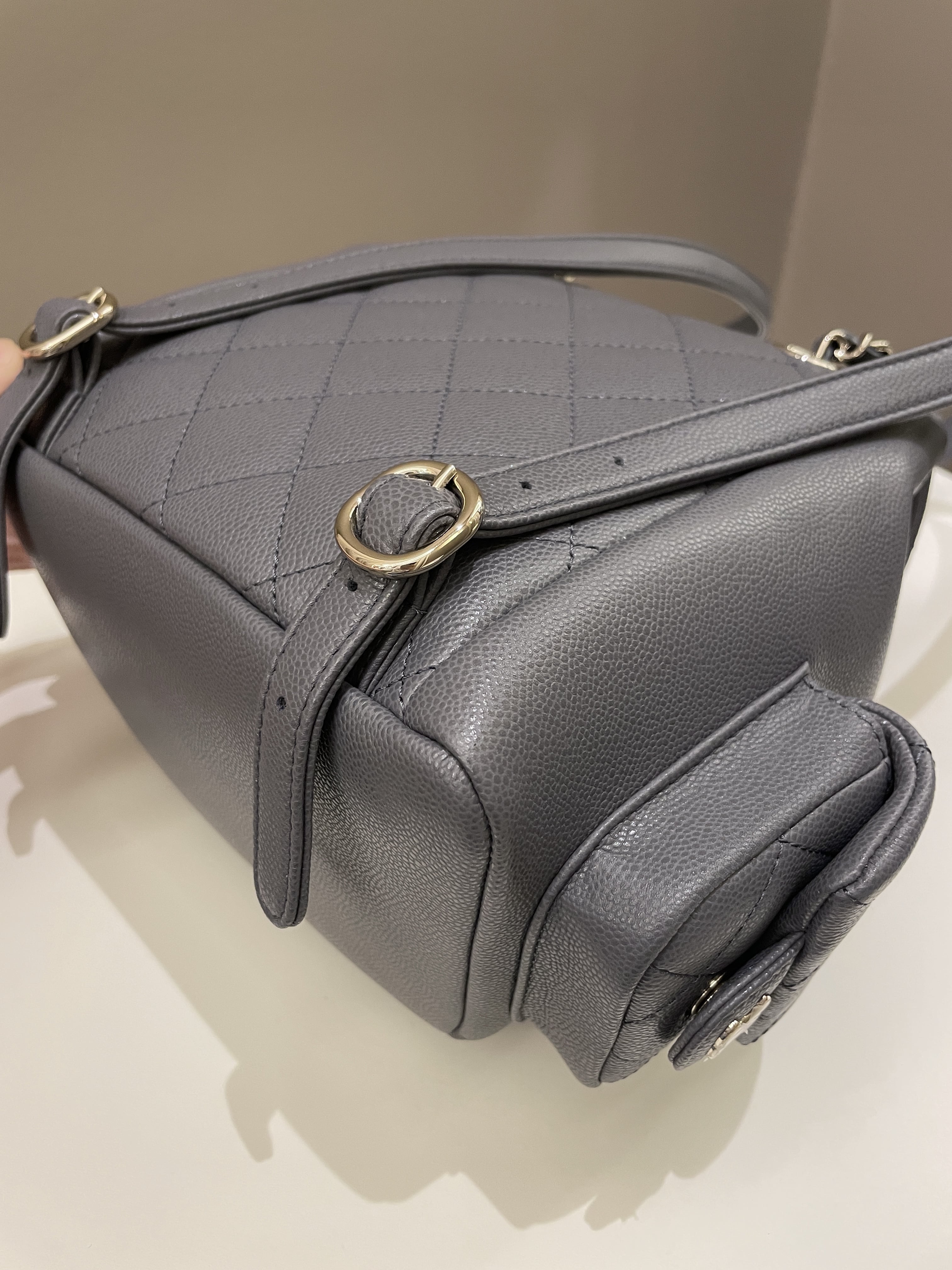 Chanel Quilted Duma Backpack Grey Grained Calfskin
