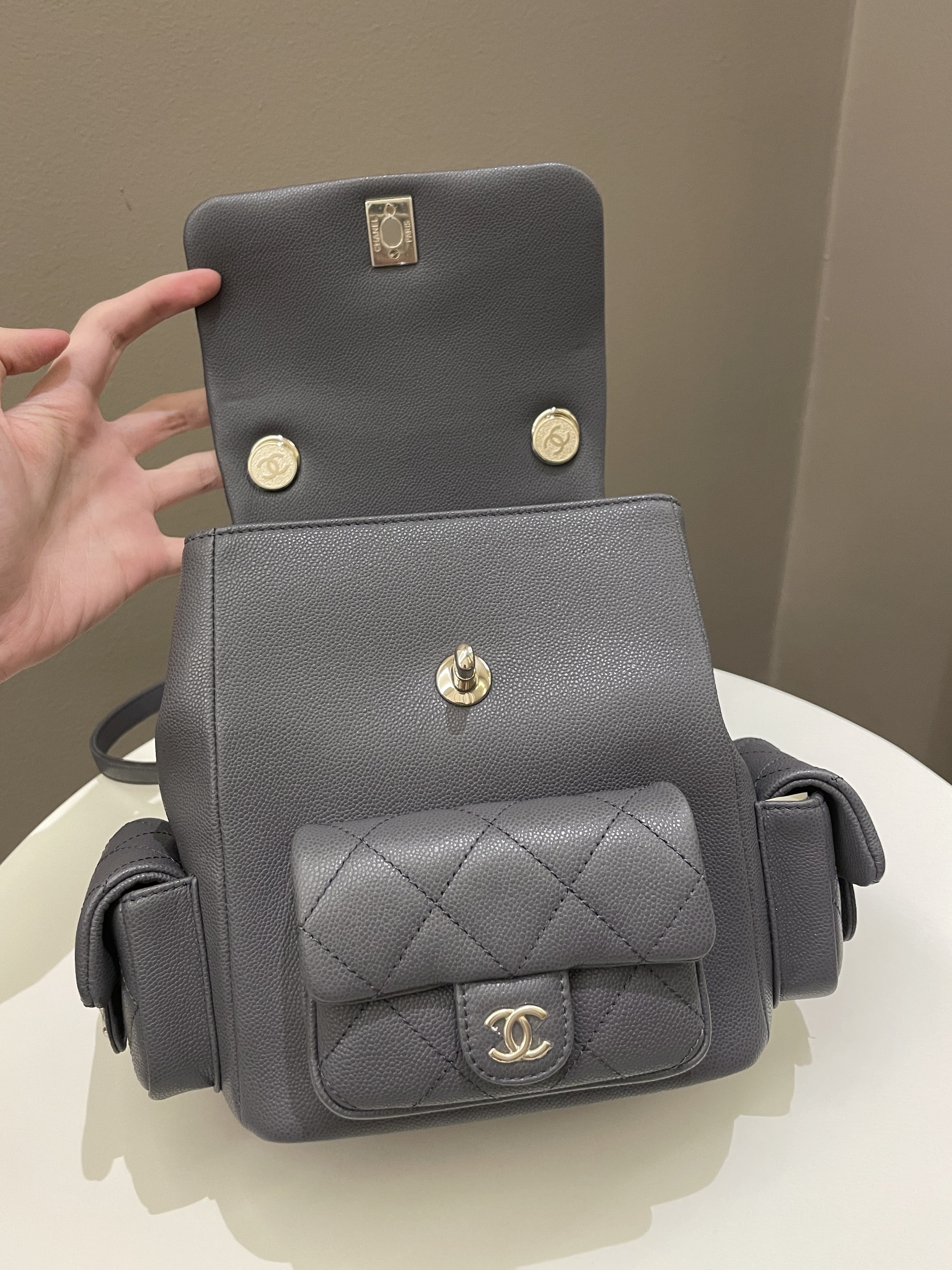 Chanel Quilted Duma Backpack Grey Grained Calfskin