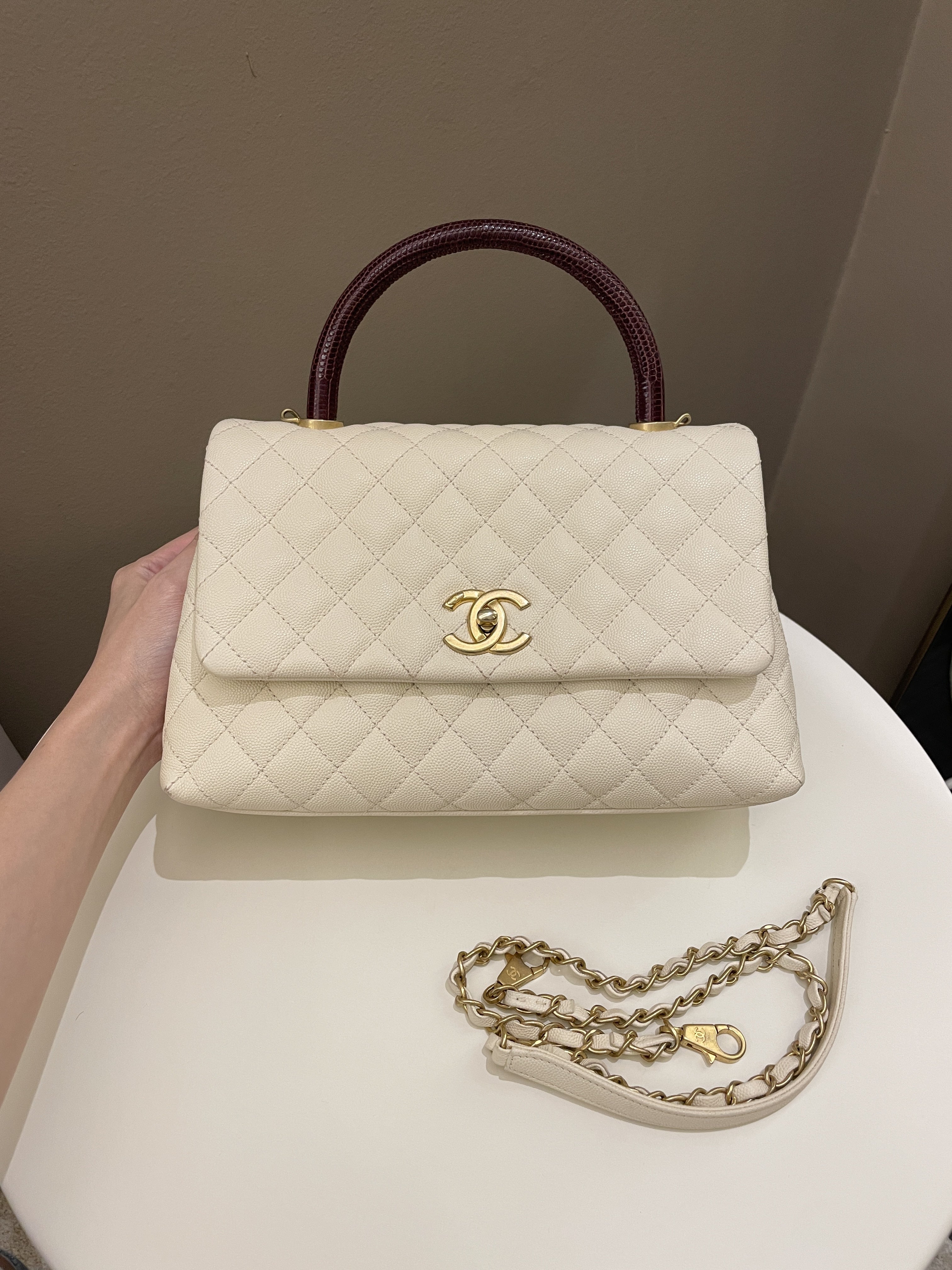 Chanel Quilted Coco Lizard Handle Ivory/ Burgundy Caviar
