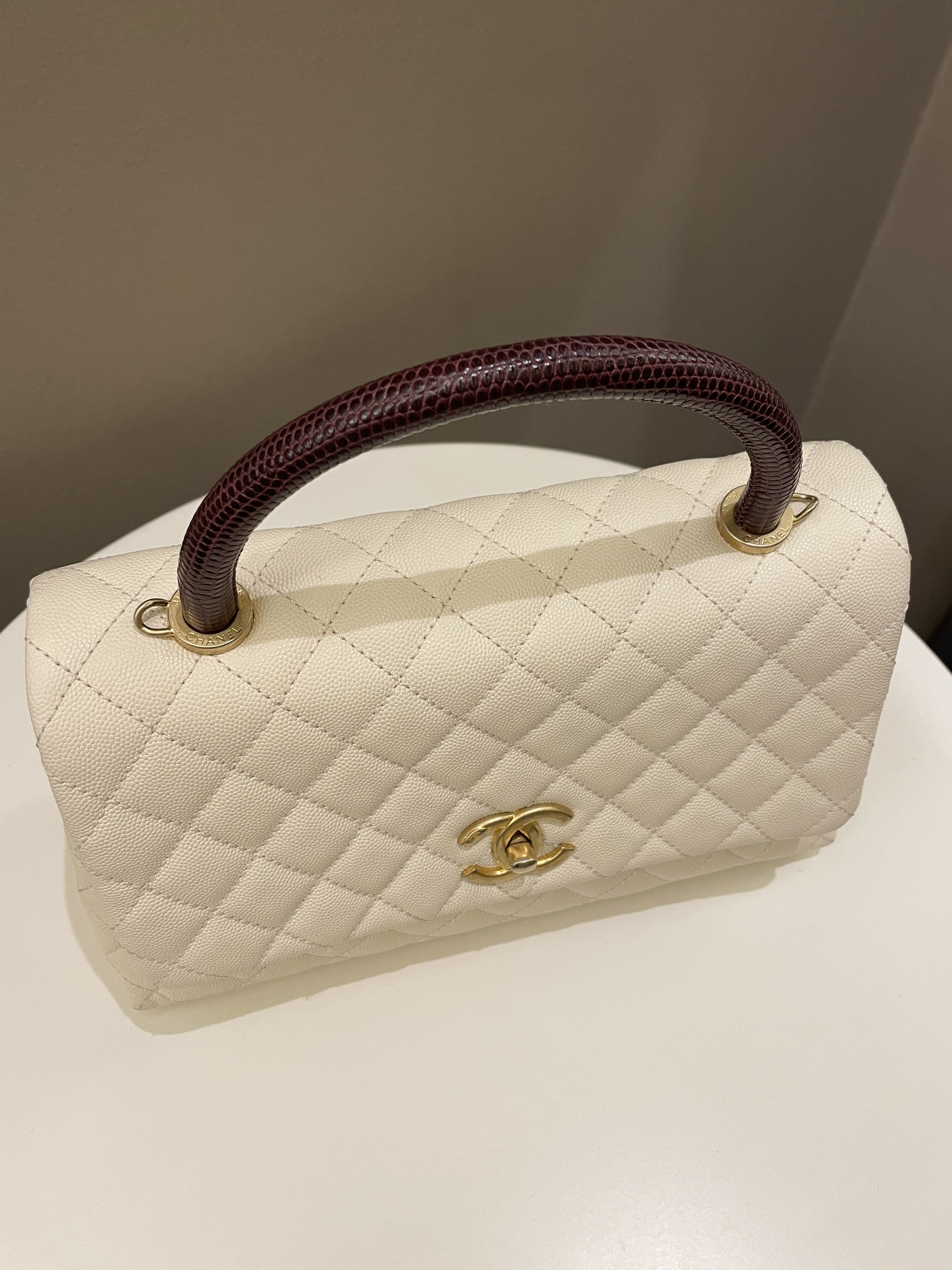 Chanel Quilted Coco Lizard Handle Ivory/ Burgundy Caviar