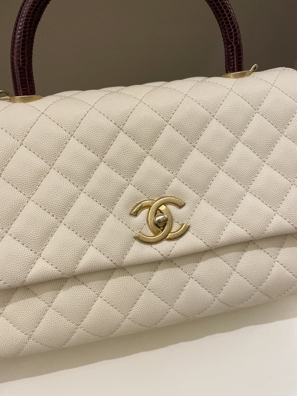 Chanel Quilted Coco Lizard Handle Ivory/ Burgundy Caviar