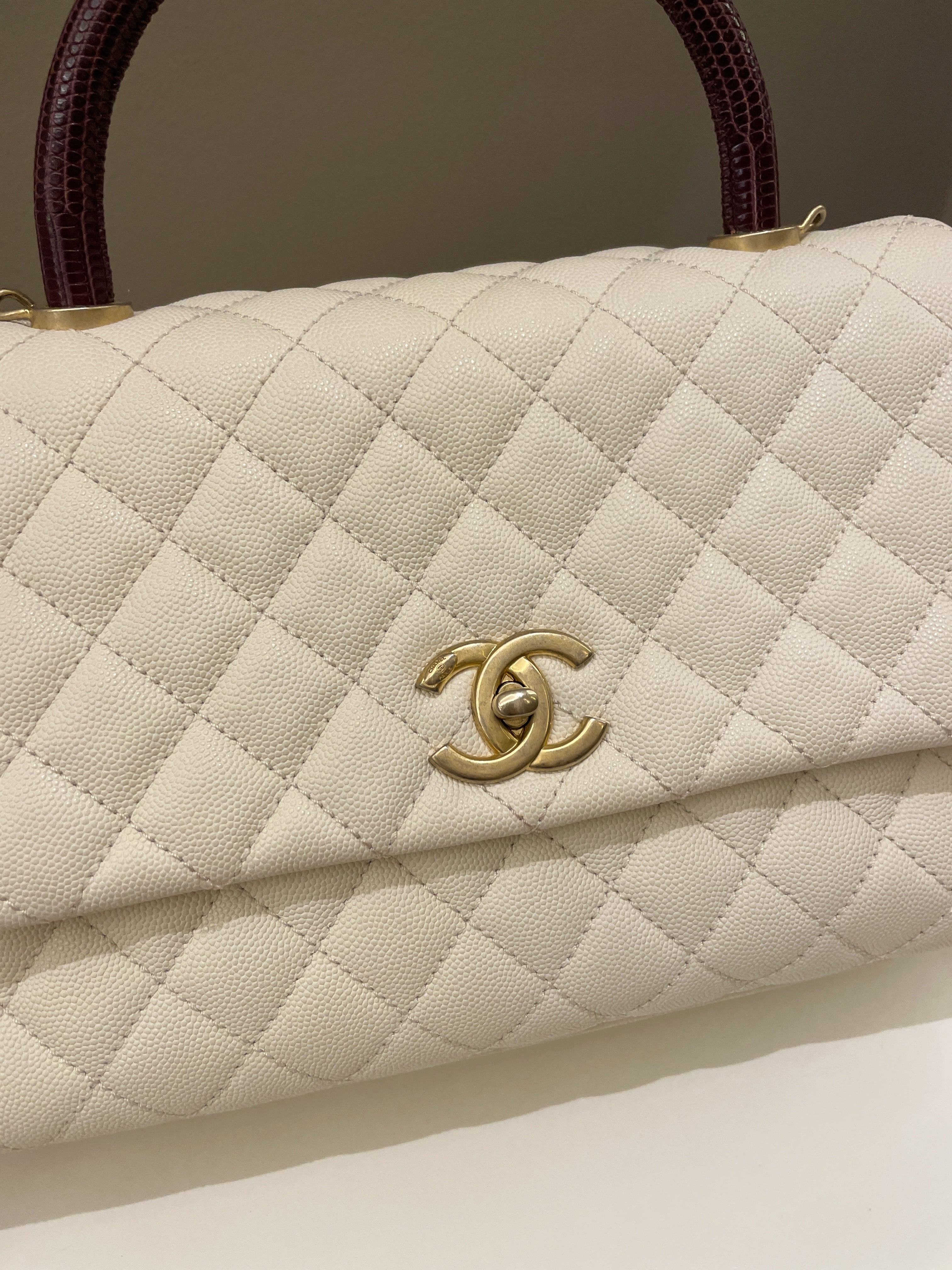 Chanel Quilted Coco Lizard Handle Ivory/ Burgundy Caviar