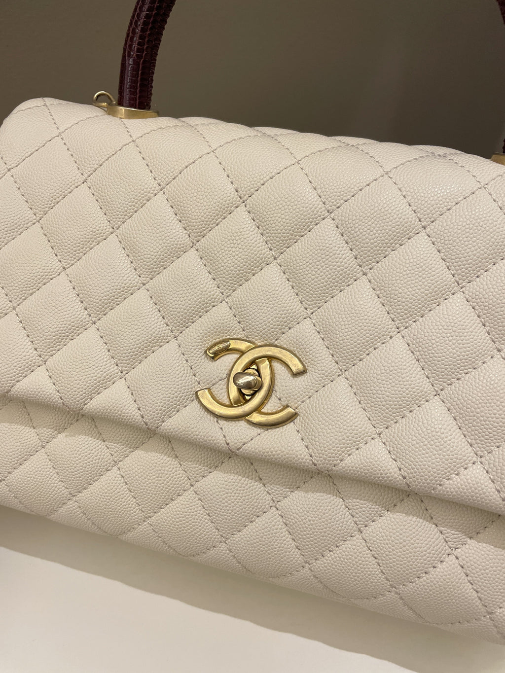 Chanel Quilted Coco Lizard Handle Ivory/ Burgundy Caviar