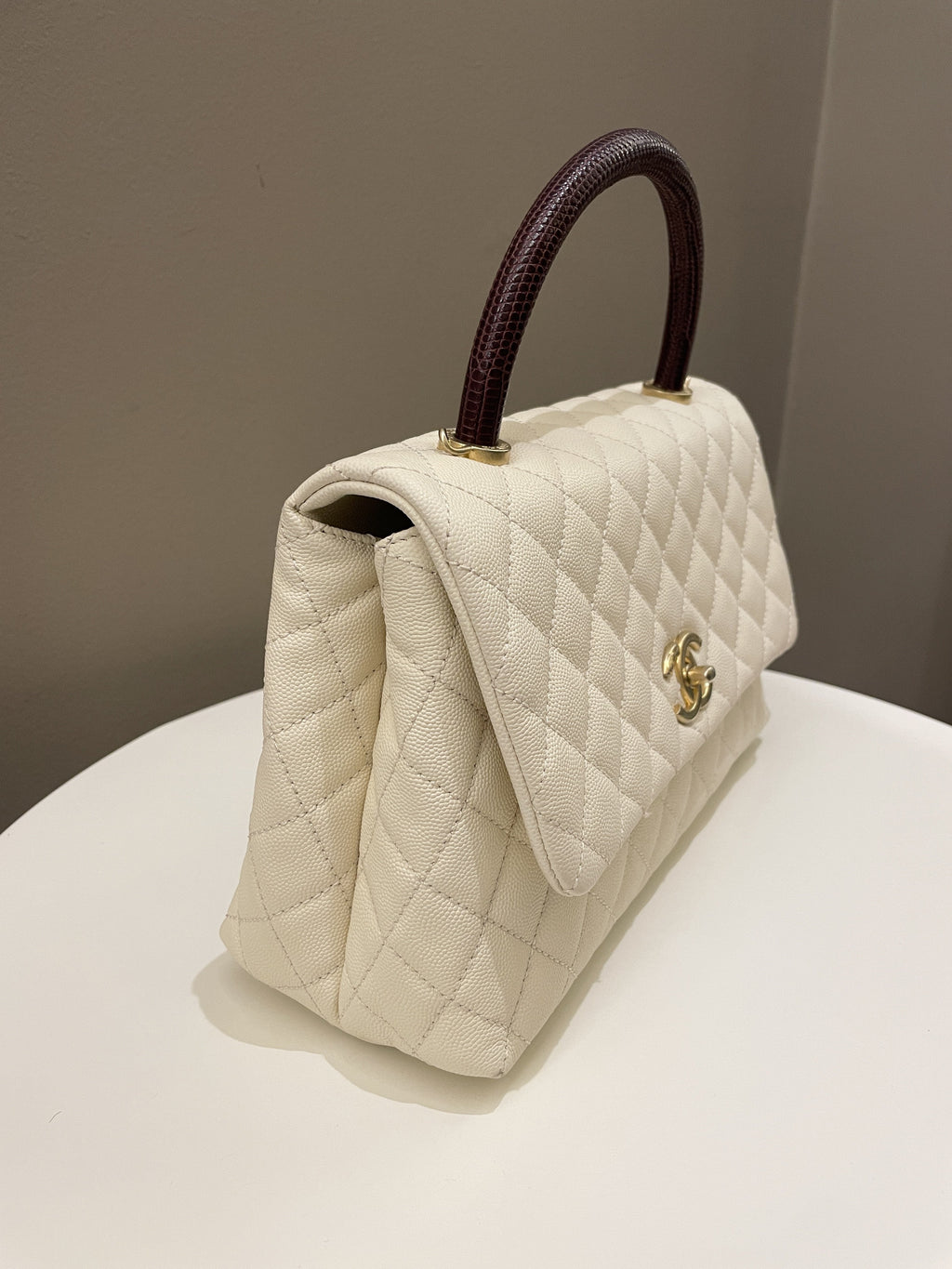 Chanel Quilted Coco Lizard Handle Ivory/ Burgundy Caviar
