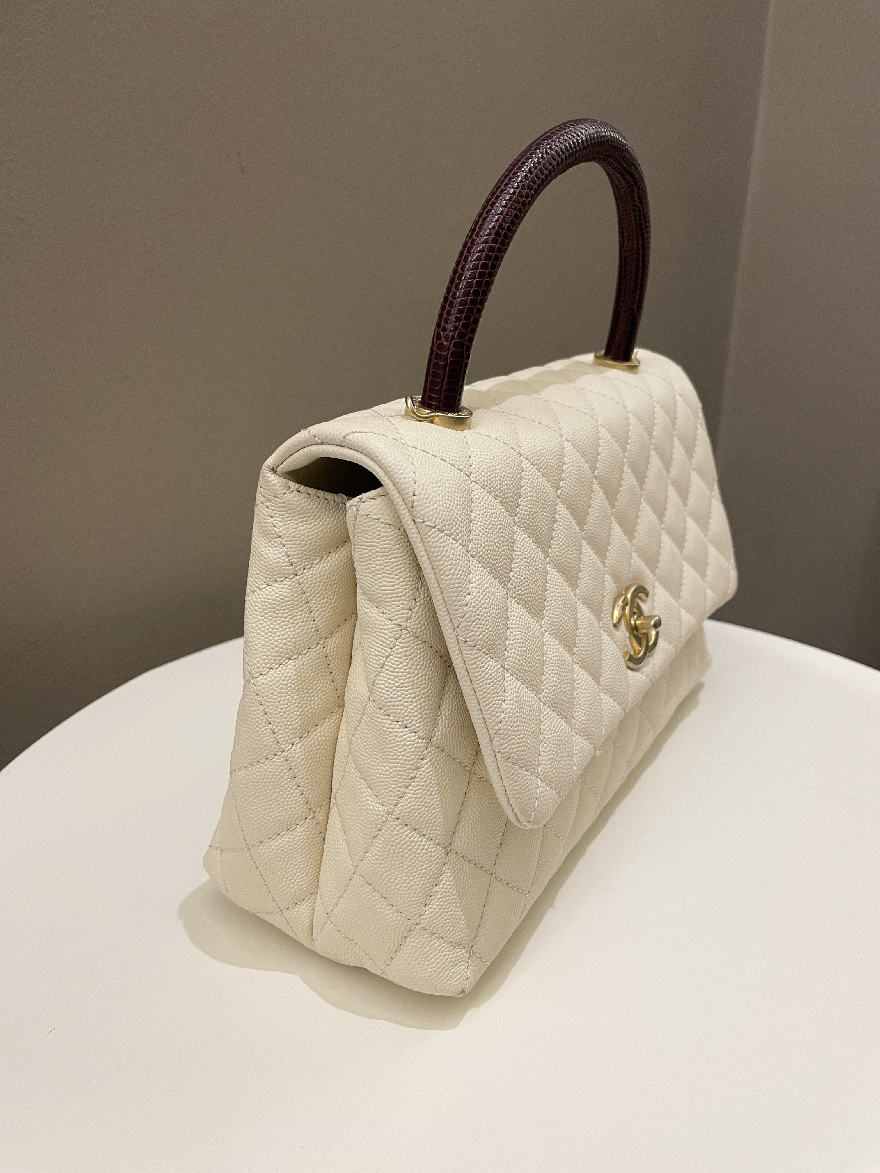 Chanel Quilted Coco Lizard Handle Ivory/ Burgundy Caviar