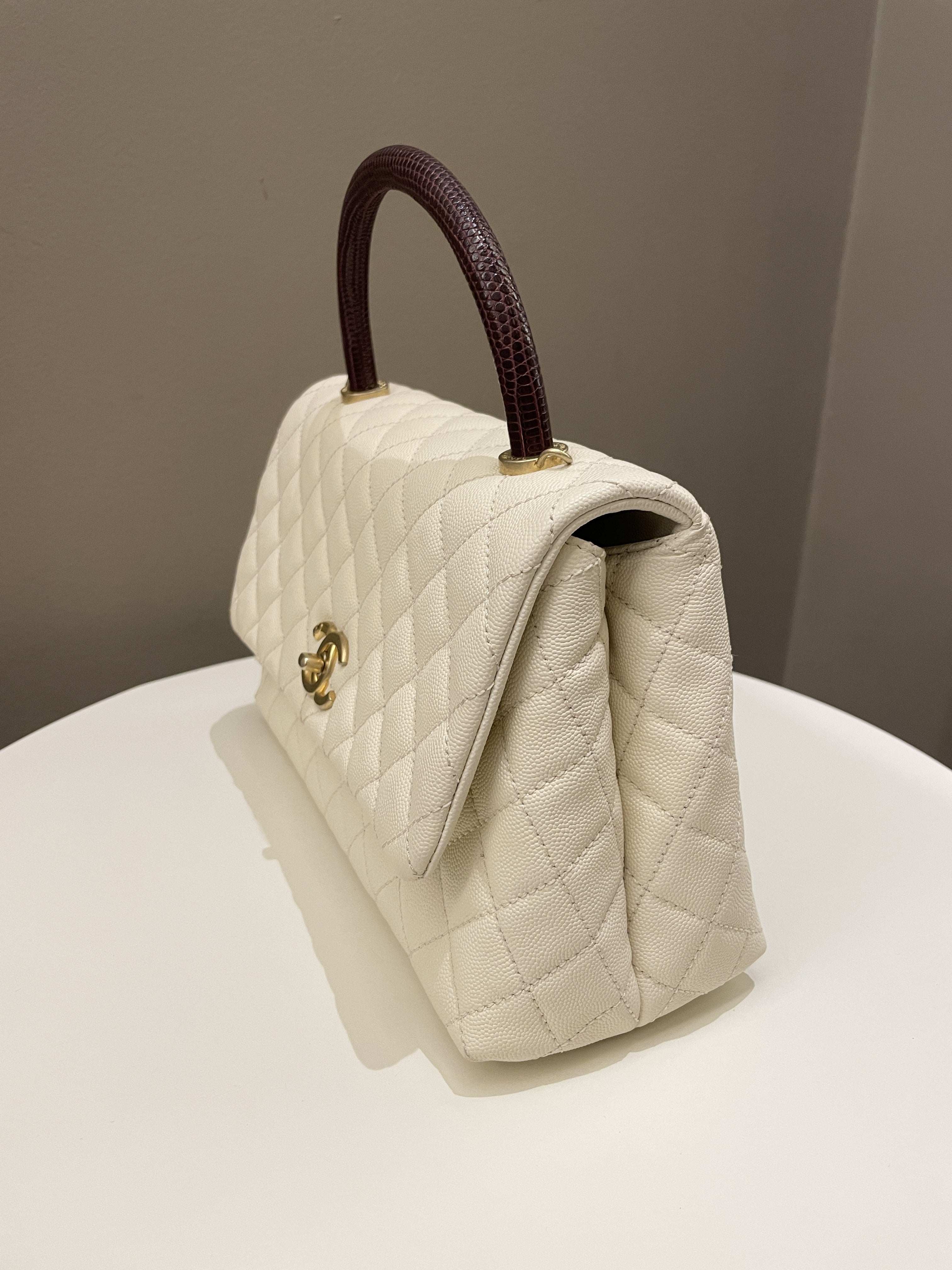Chanel Quilted Coco Lizard Handle Ivory/ Burgundy Caviar