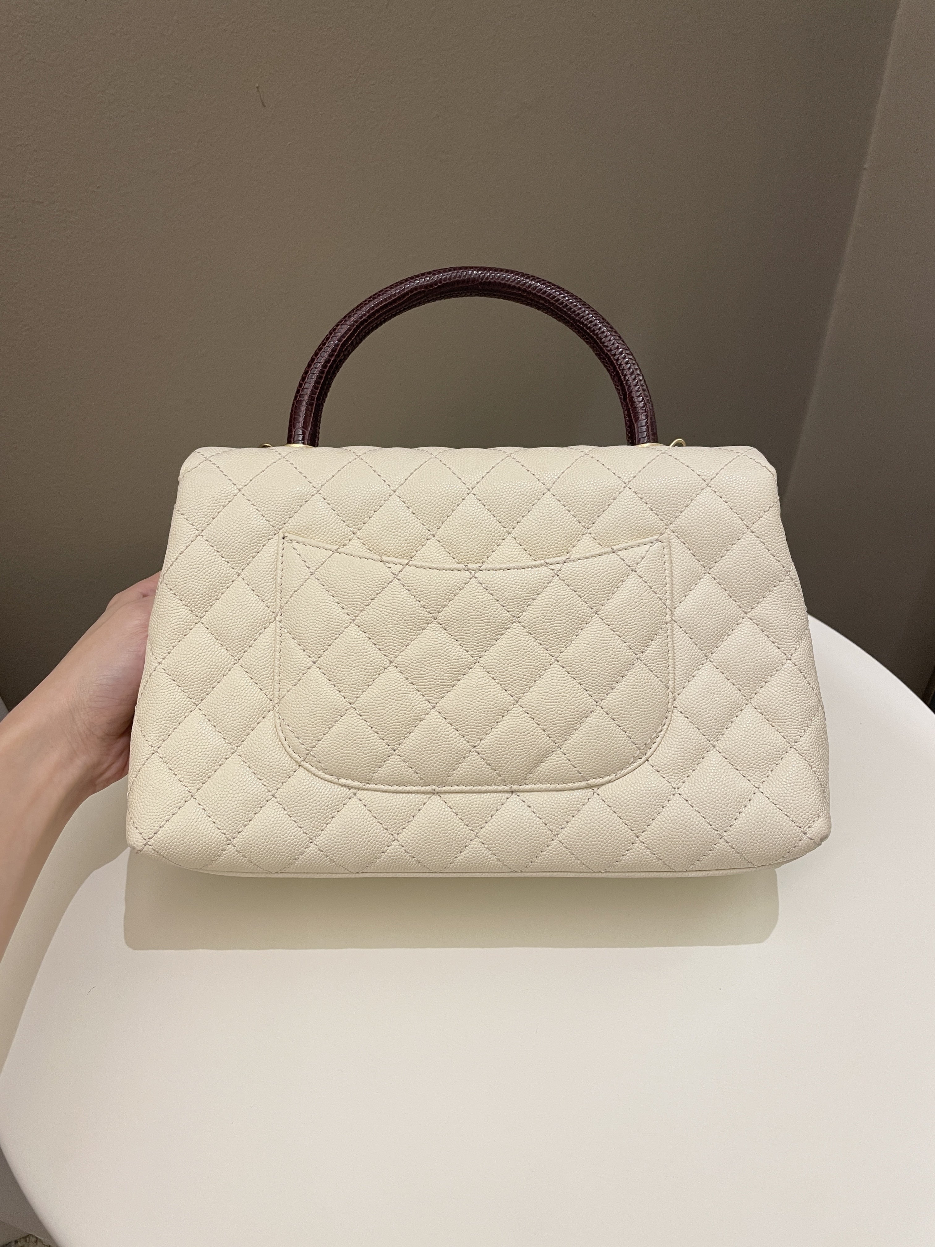 Chanel Quilted Coco Lizard Handle Ivory/ Burgundy Caviar