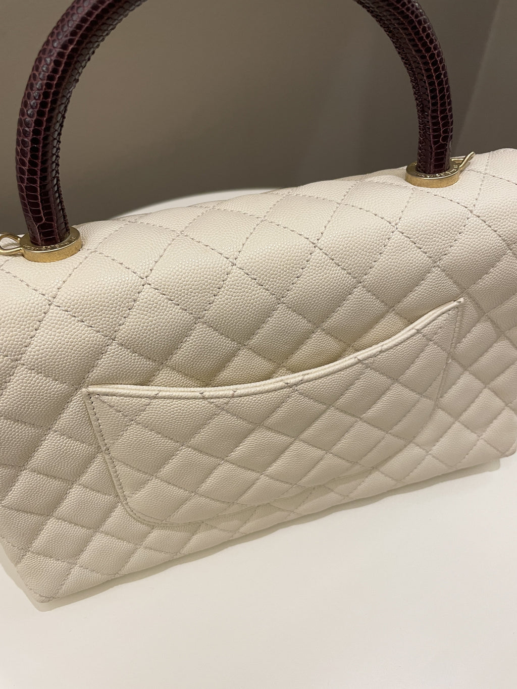 Chanel Quilted Coco Lizard Handle Ivory/ Burgundy Caviar