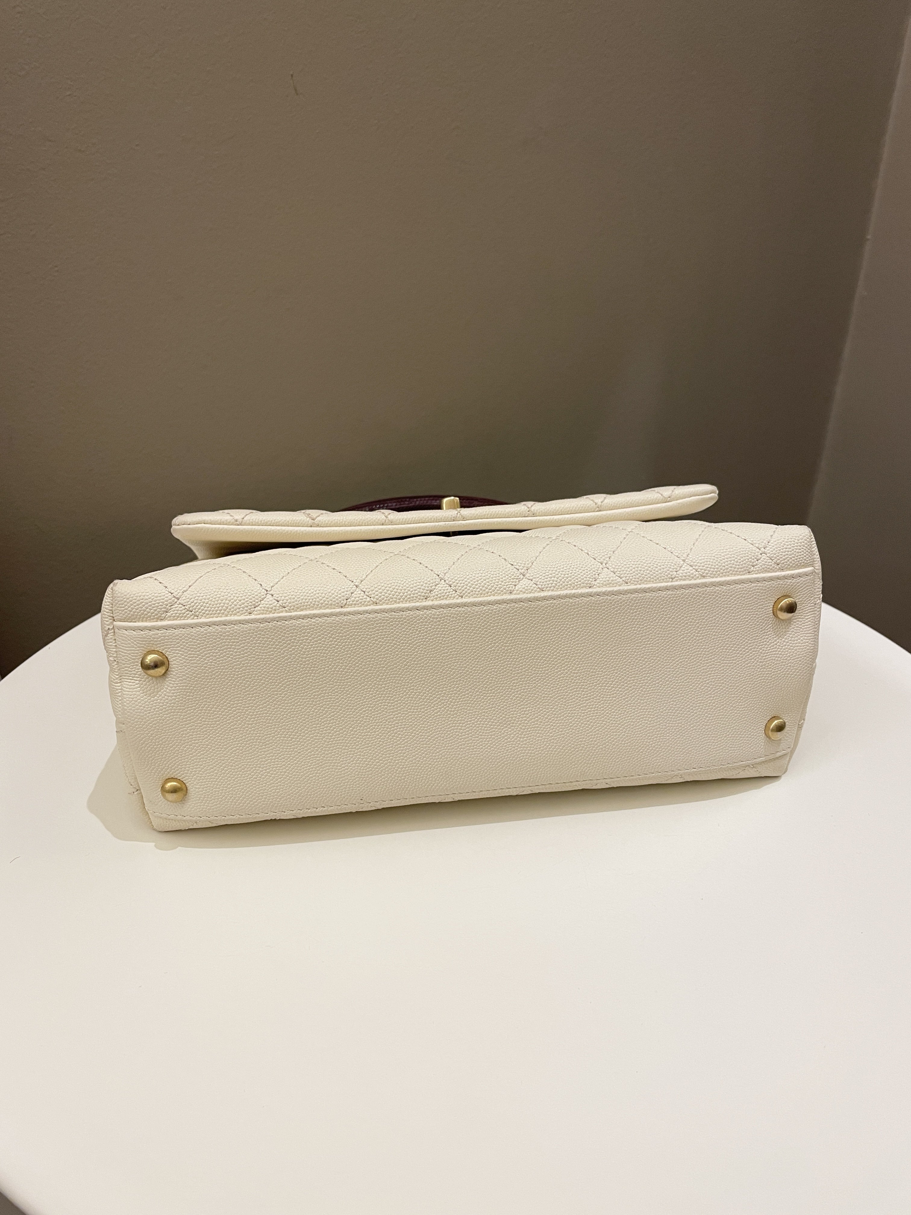 Chanel Quilted Coco Lizard Handle Ivory/ Burgundy Caviar
