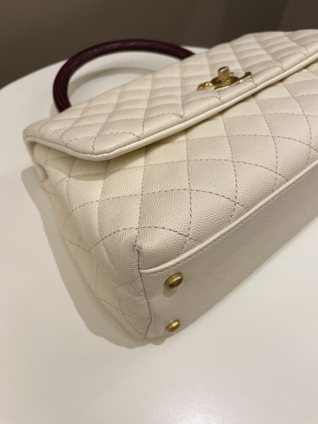 Chanel Quilted Coco Lizard Handle Ivory/ Burgundy Caviar