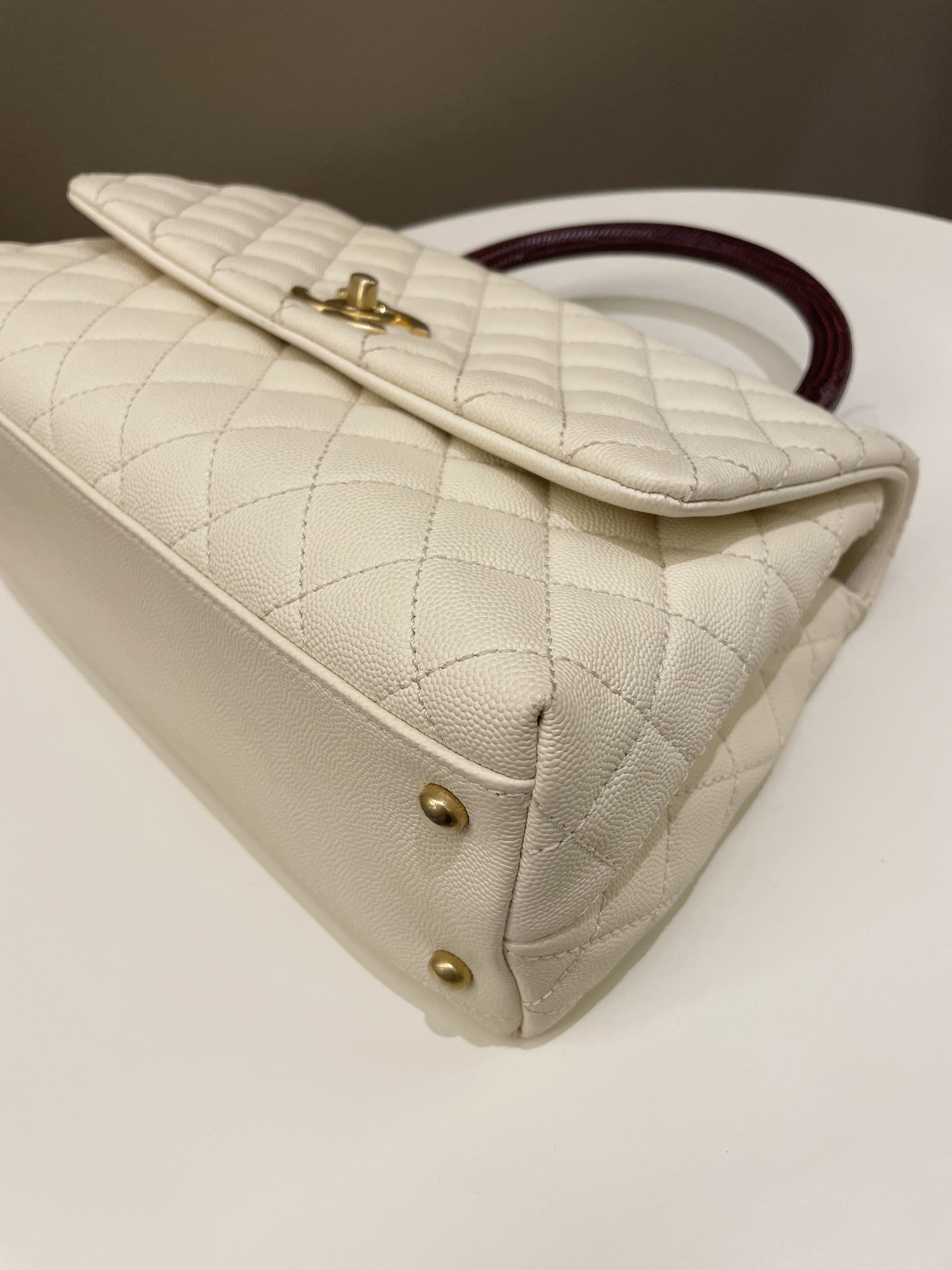 Chanel Quilted Coco Lizard Handle Ivory/ Burgundy Caviar