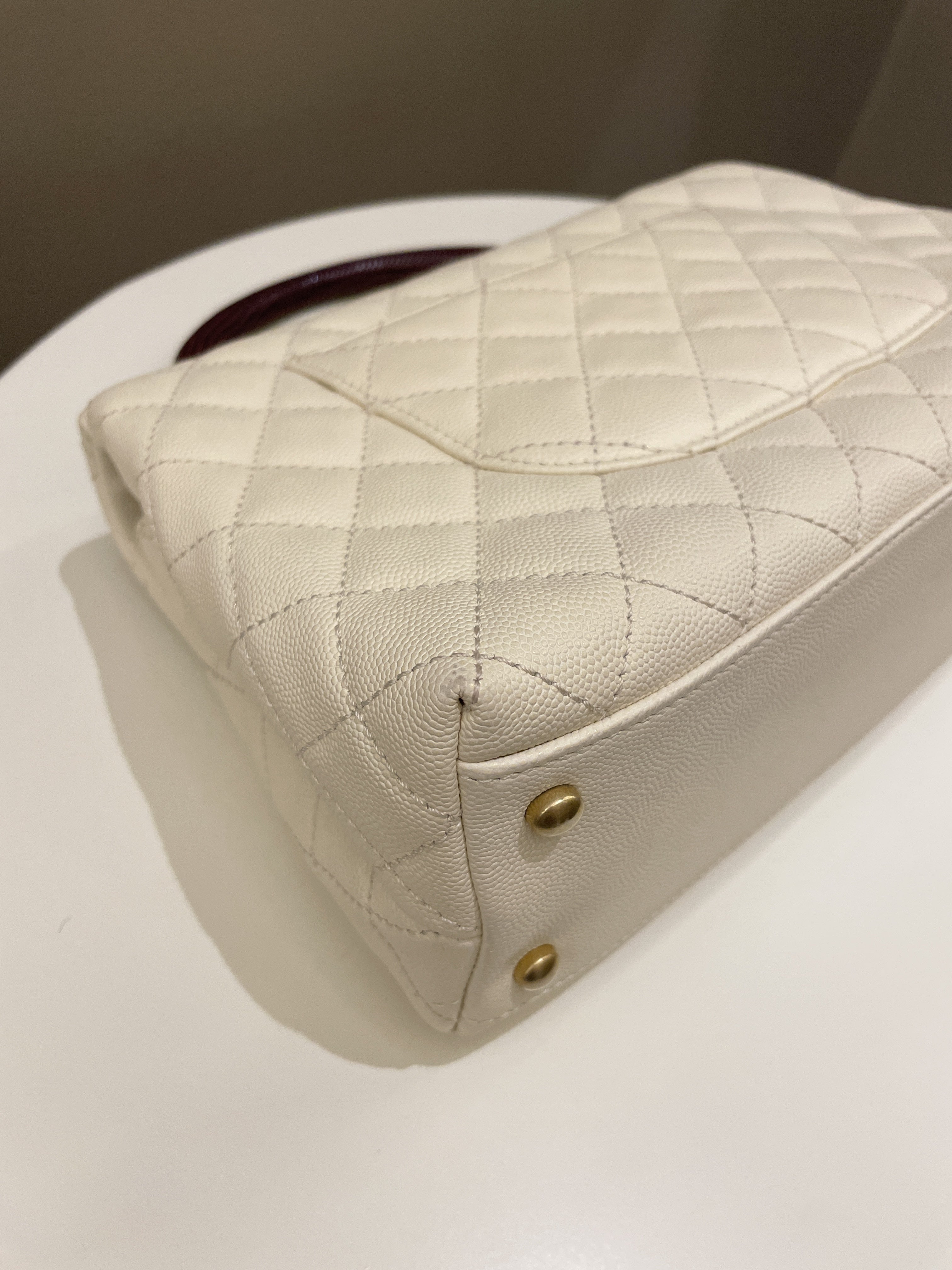 Chanel Quilted Coco Lizard Handle Ivory/ Burgundy Caviar