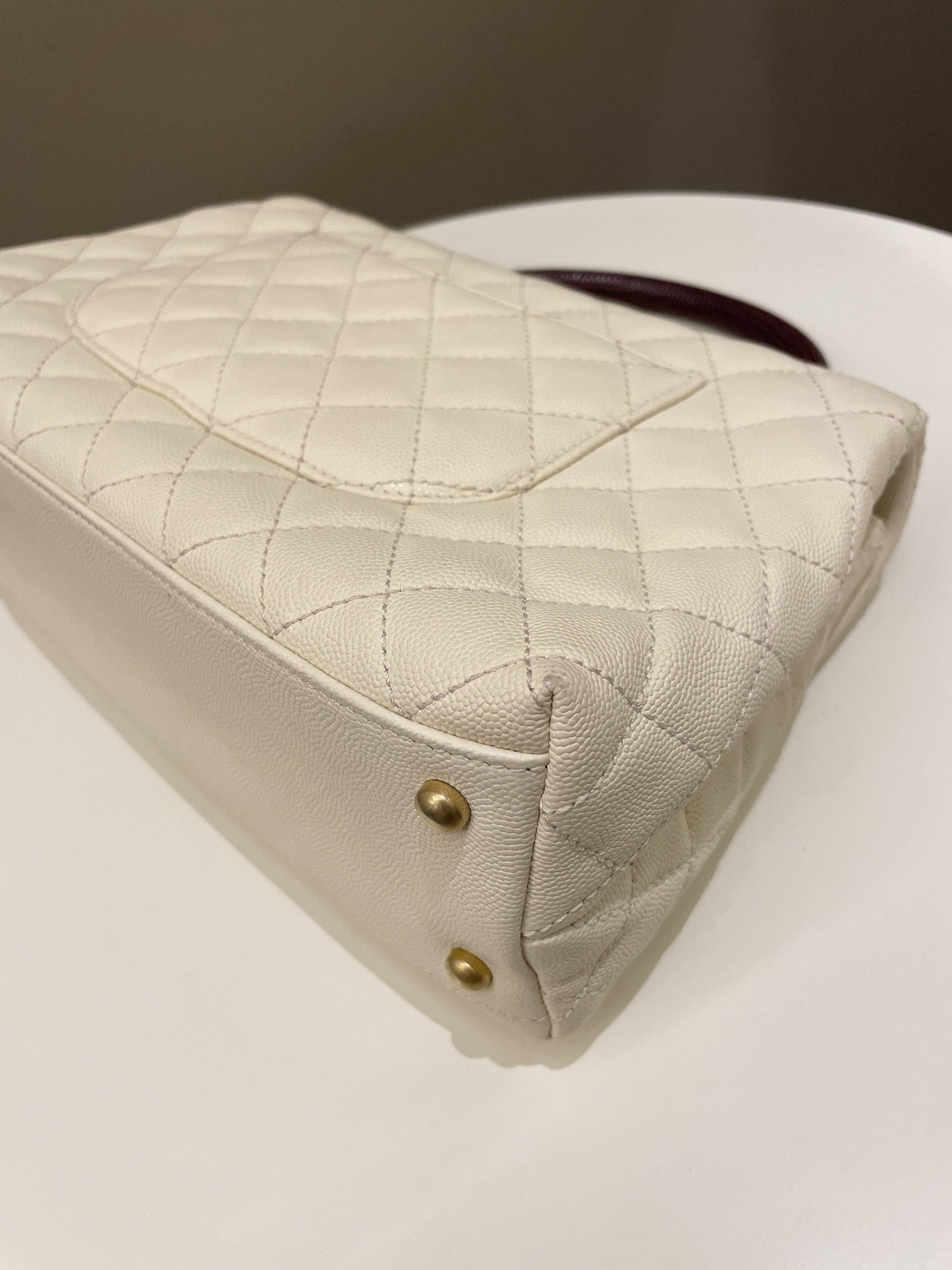 Chanel Quilted Coco Lizard Handle Ivory/ Burgundy Caviar