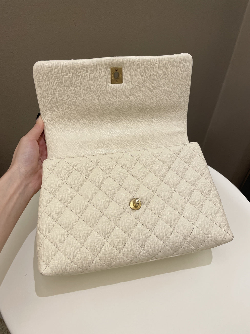 Chanel Quilted Coco Lizard Handle Ivory/ Burgundy Caviar