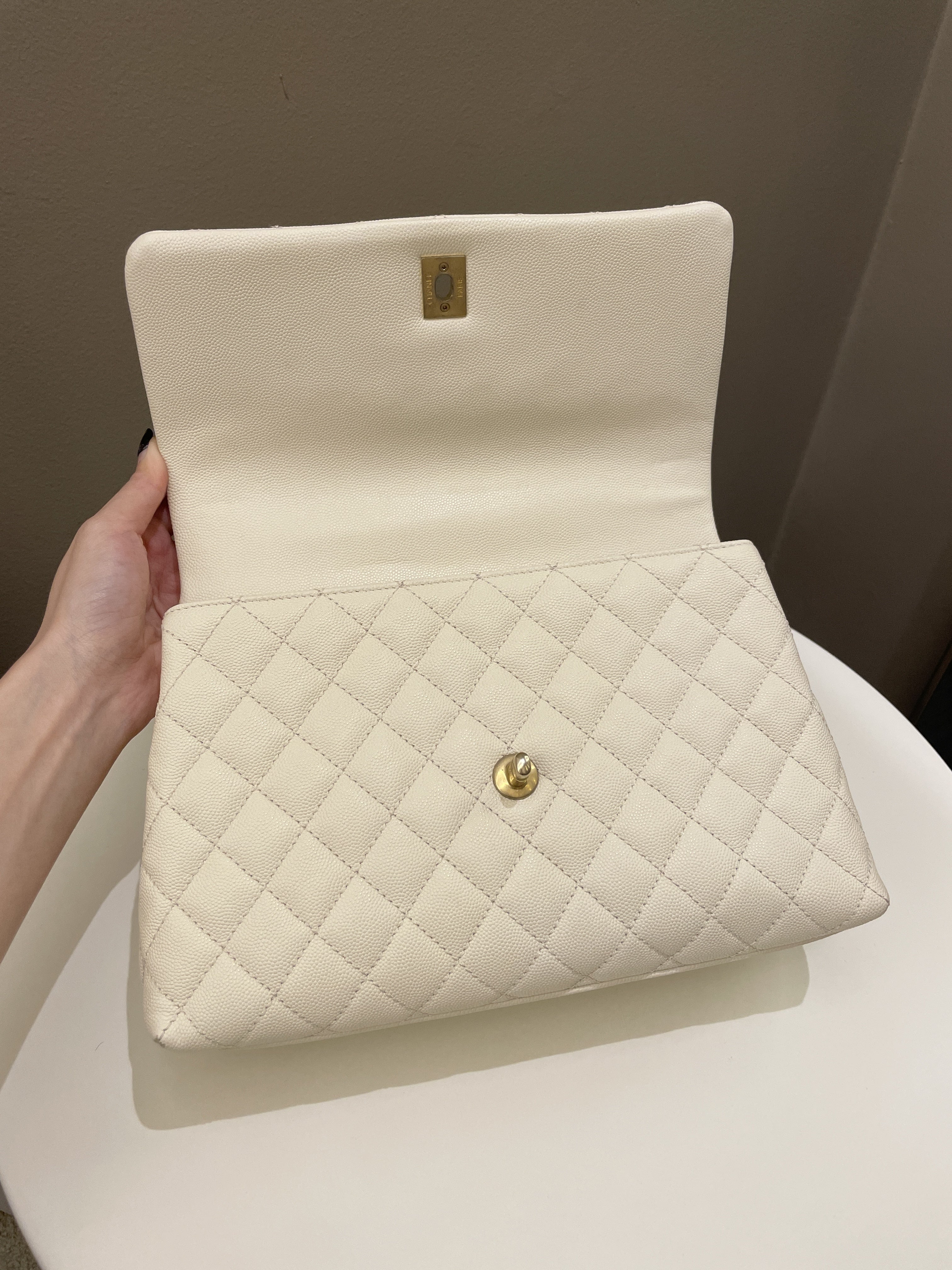 Chanel Quilted Coco Lizard Handle Ivory/ Burgundy Caviar